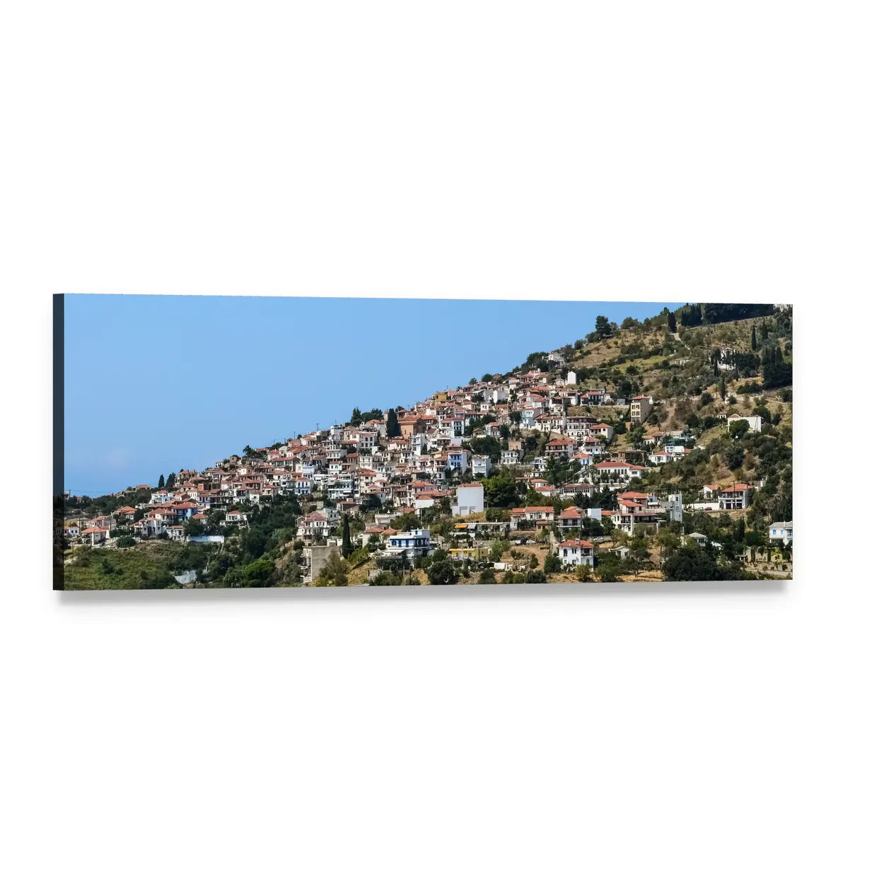Skopelos Glossa Hillside Village Panoramic Canvas Wall Art, single panel gallery wrapped canvas, angled product view