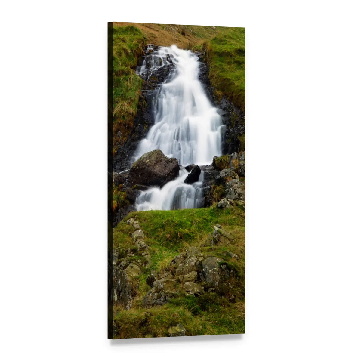 Silky Waterfall Among Green Rocks Vertical Canvas Wall Art, 1 panel 1 Vertical layout gallery wrapped canvas set, angled product view