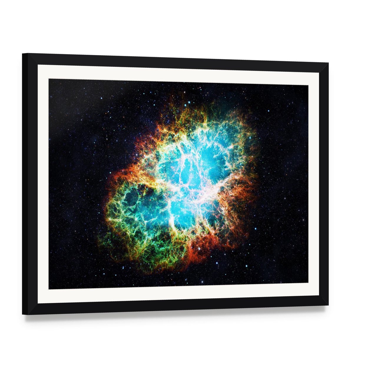 Crab Nebula Canvas Wall Art, framed print with white mat and black frame, angled product view