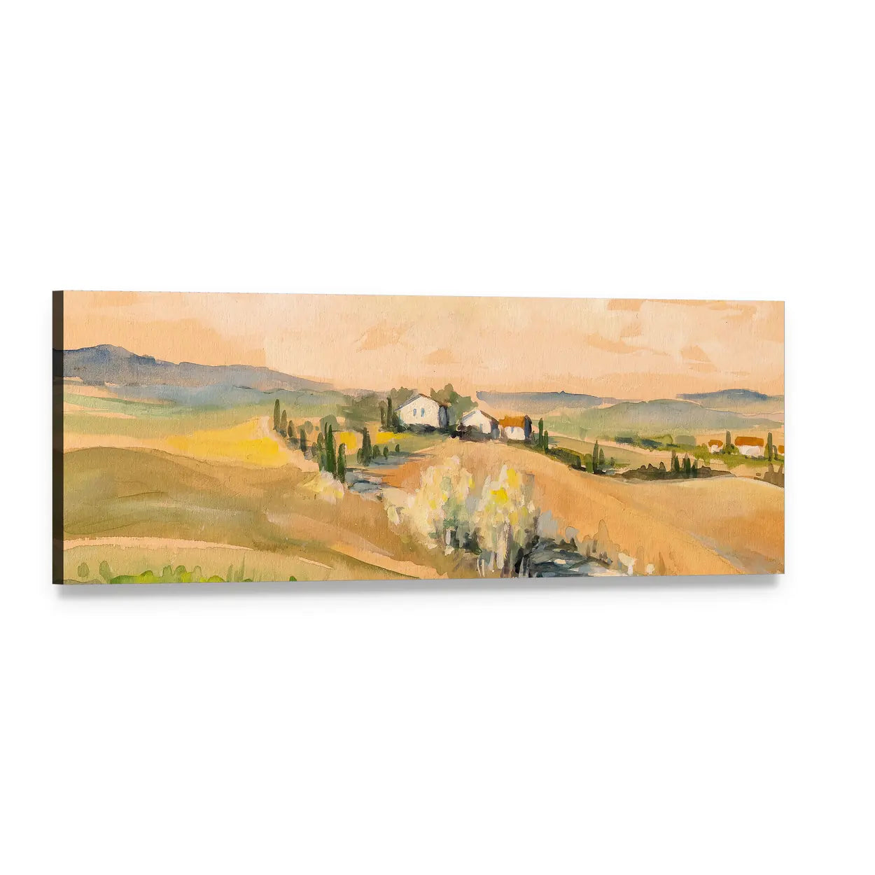 Tuscany Hills Watercolor Landscape Panoramic Canvas Wall Art, single panel gallery wrapped canvas, angled product view
