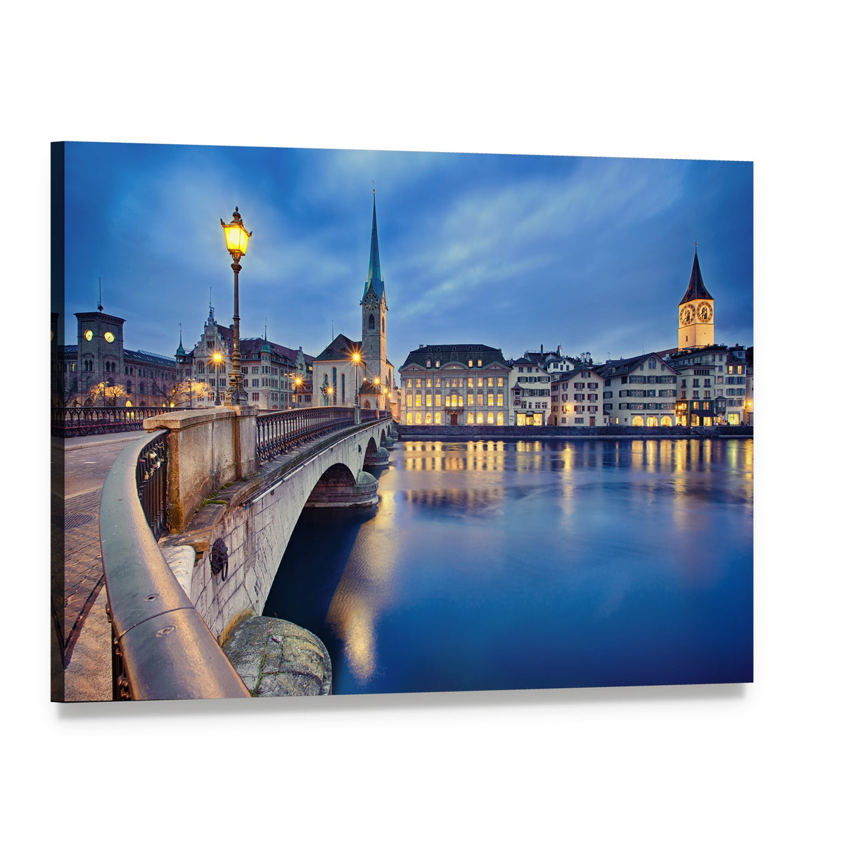 Fraumunster Church at Night Canvas Wall Art, single panel gallery wrapped canvas, angled product view