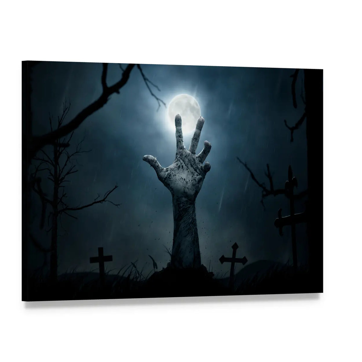 Zombie Hand Reaching Moon Canvas Wall Art, single panel gallery wrapped canvas, angled product view