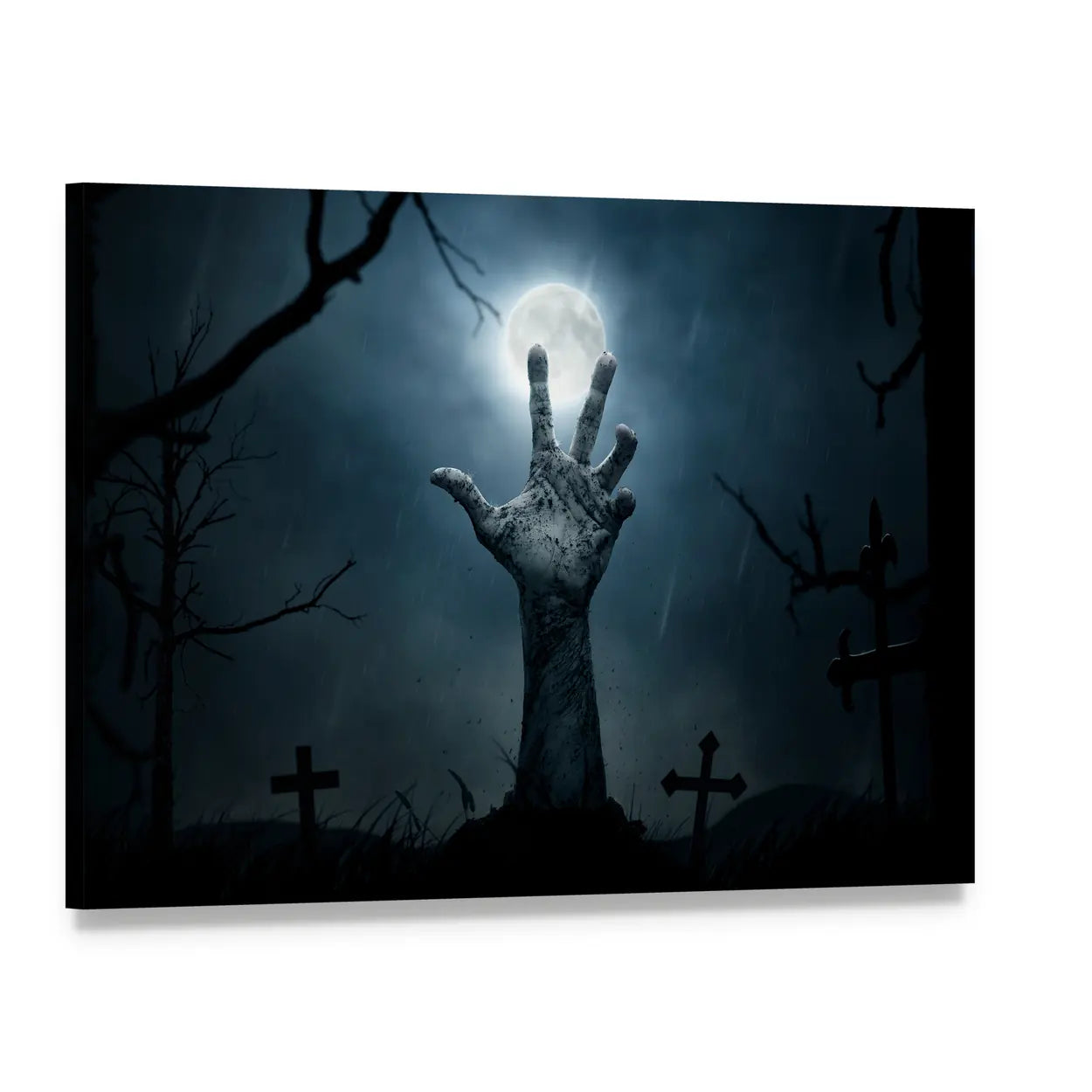 Zombie Hand Reaching Moon Canvas Wall Art, single panel gallery wrapped canvas, angled product view