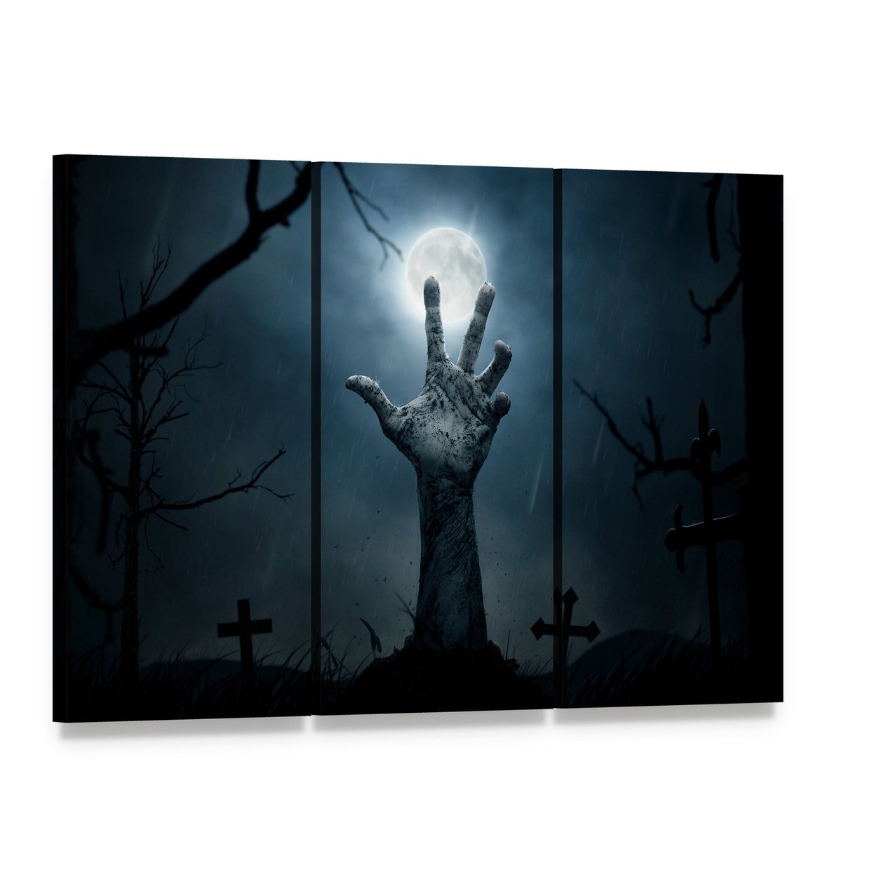 Zombie Hand Rising Canvas Wall Art in black, gray and blue, 5 panel Pop layout hung on a wall