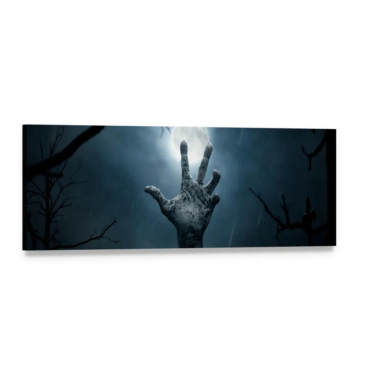 Rising Zombie Hand Panoramic Canvas Wall Art, single panel gallery wrapped canvas, angled product view