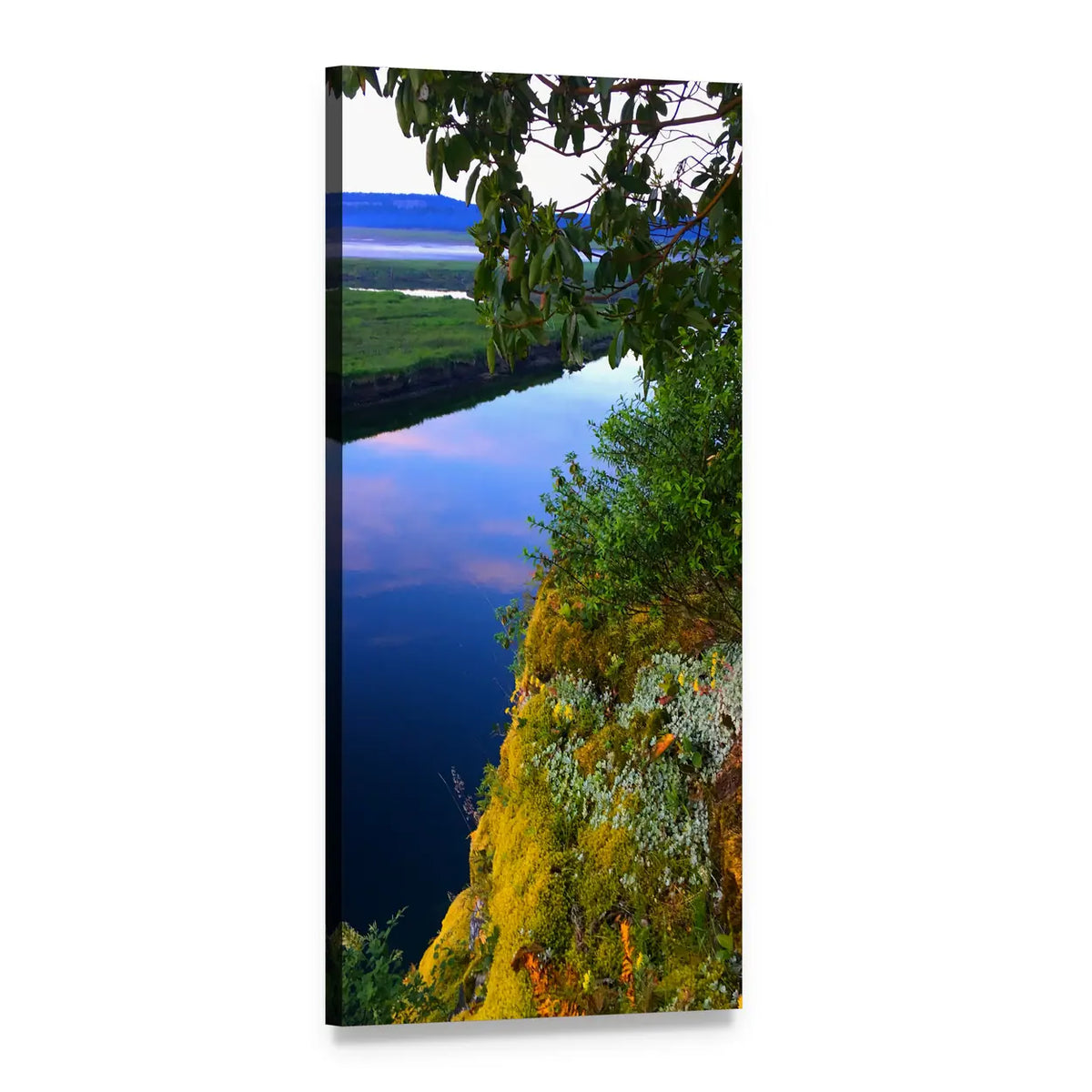 Blue Water Lake Reflection Vertical Canvas Wall Art, 1 panel 1 Vertical layout gallery wrapped canvas set, angled product view