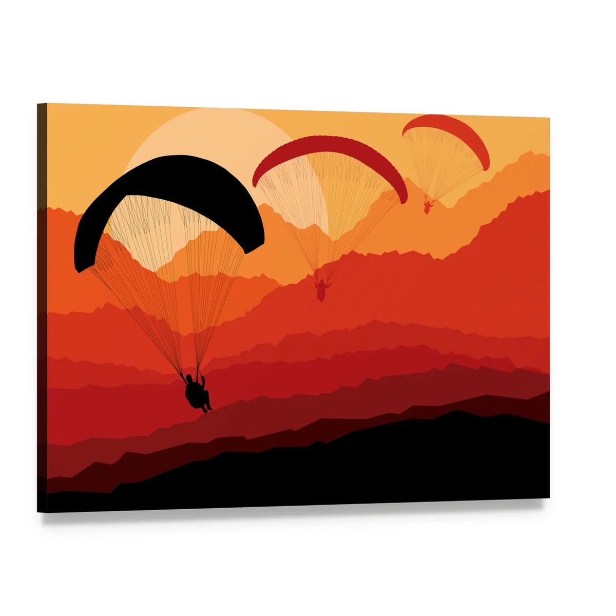Three Paragliders Over Mountains Canvas Wall Art, single panel gallery wrapped canvas, angled product view
