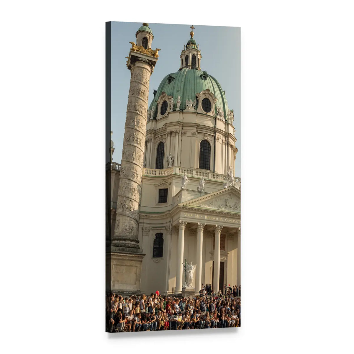 Karlskirche Green Copper Dome and Triumphal Column Vertical Canvas Wall Art, 1 panel 1 Vertical layout gallery wrapped canvas set, angled product view