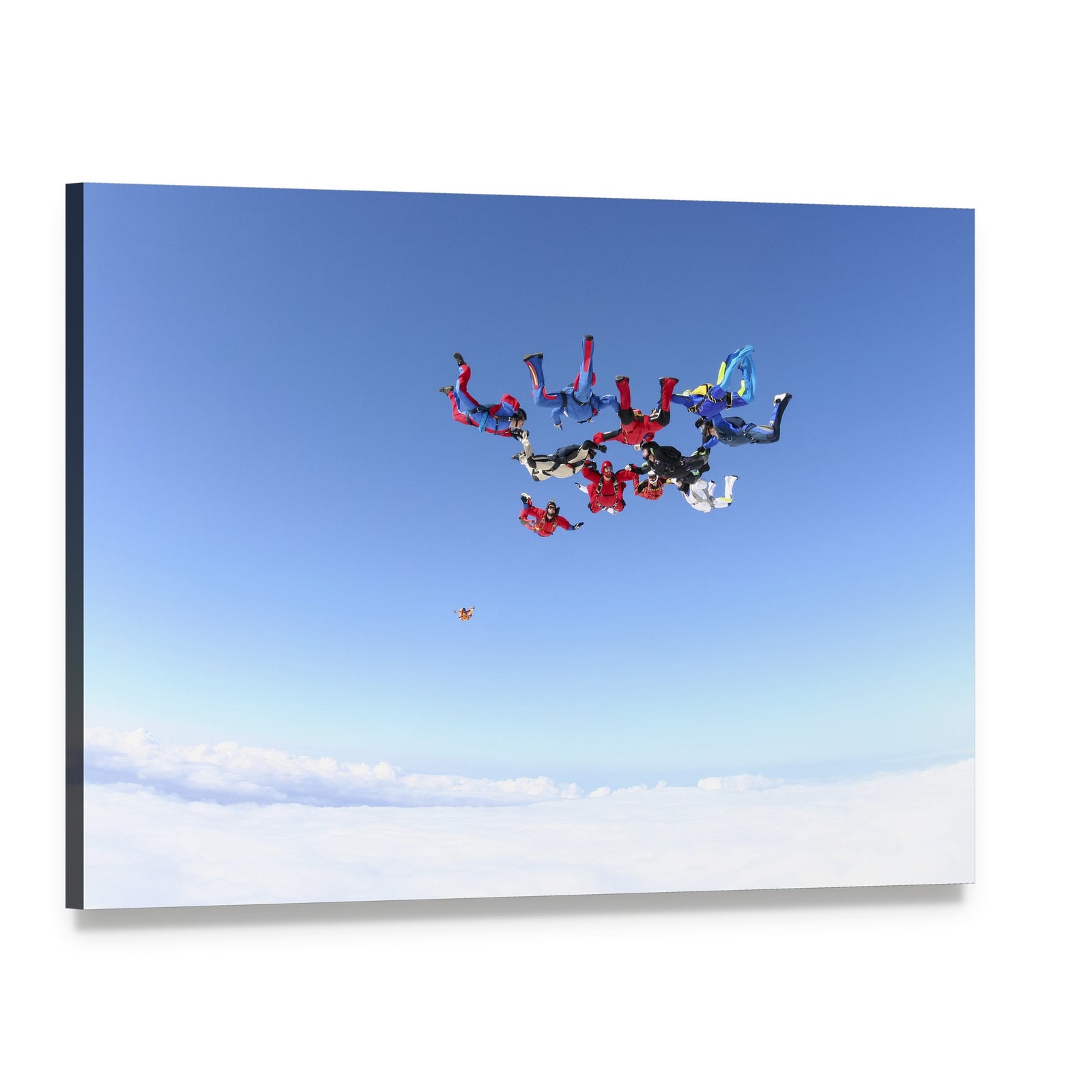 Skydivers in Formation Under Clear Blue Sky Canvas Wall Art, single panel gallery wrapped canvas, angled product view