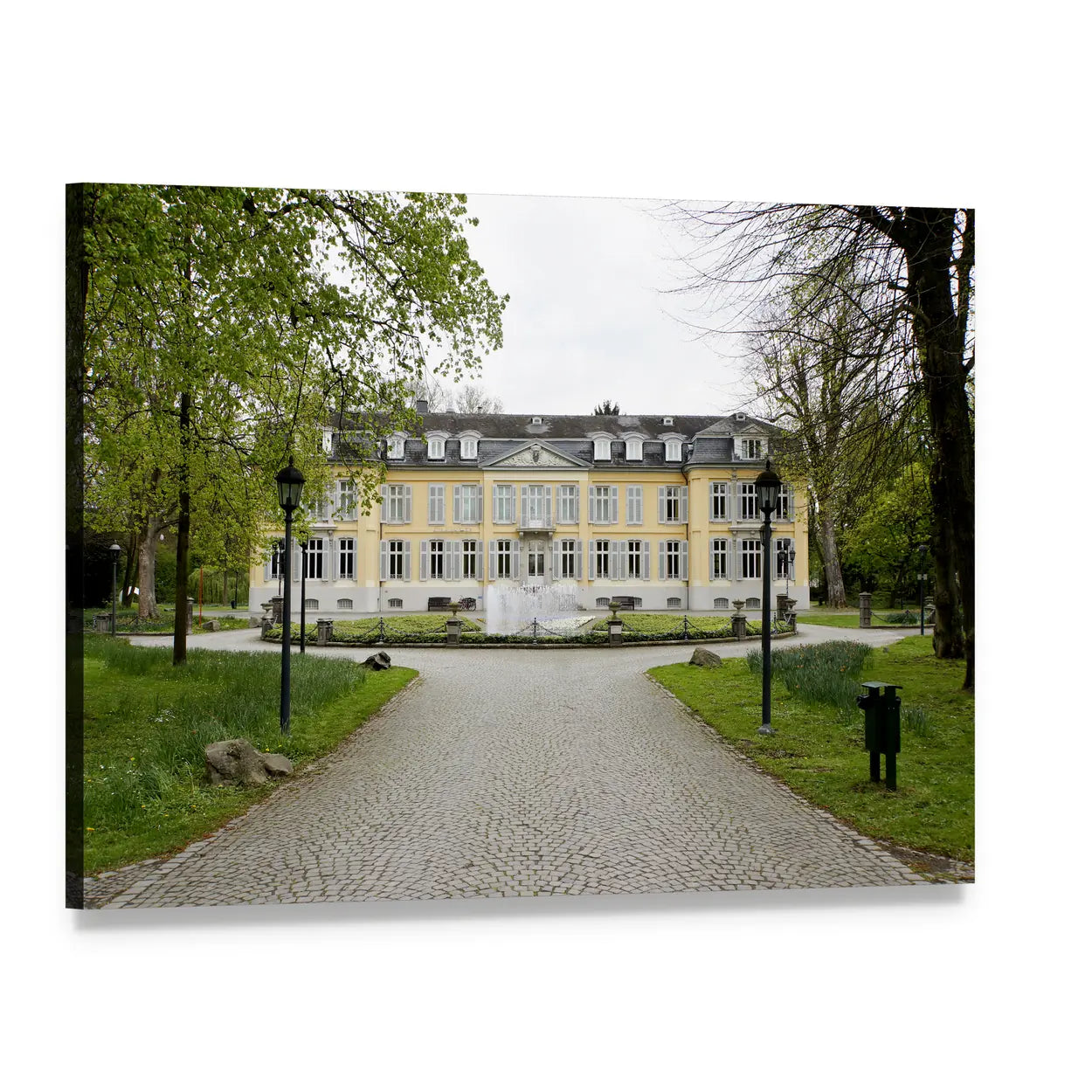 Morsbroich Museum Facade with Fountain Canvas Wall Art, single panel gallery wrapped canvas, angled product view