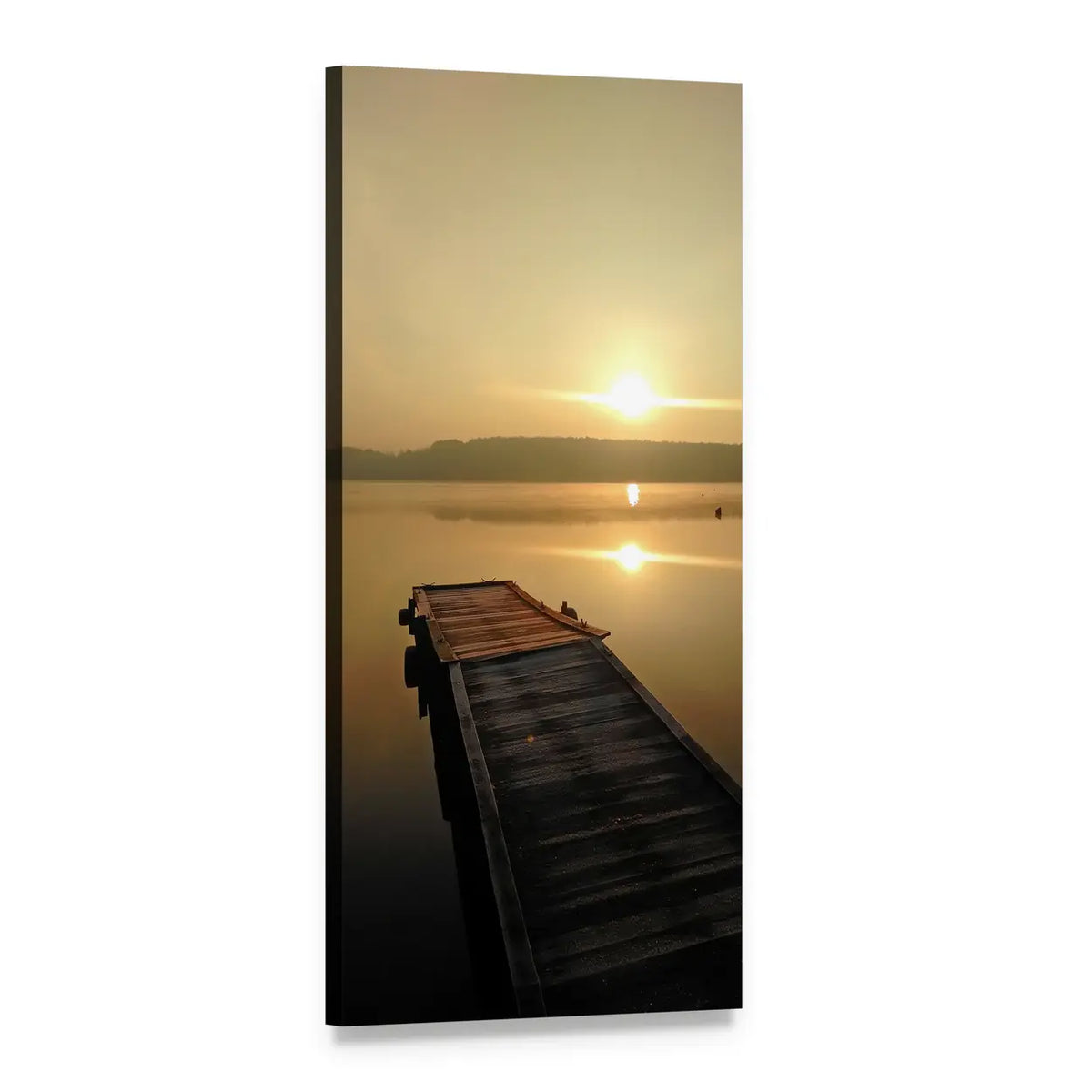 Sunrise Over Lake with Wooden Dock Vertical Canvas Wall Art, 1 panel 1 Vertical layout gallery wrapped canvas set, angled product view