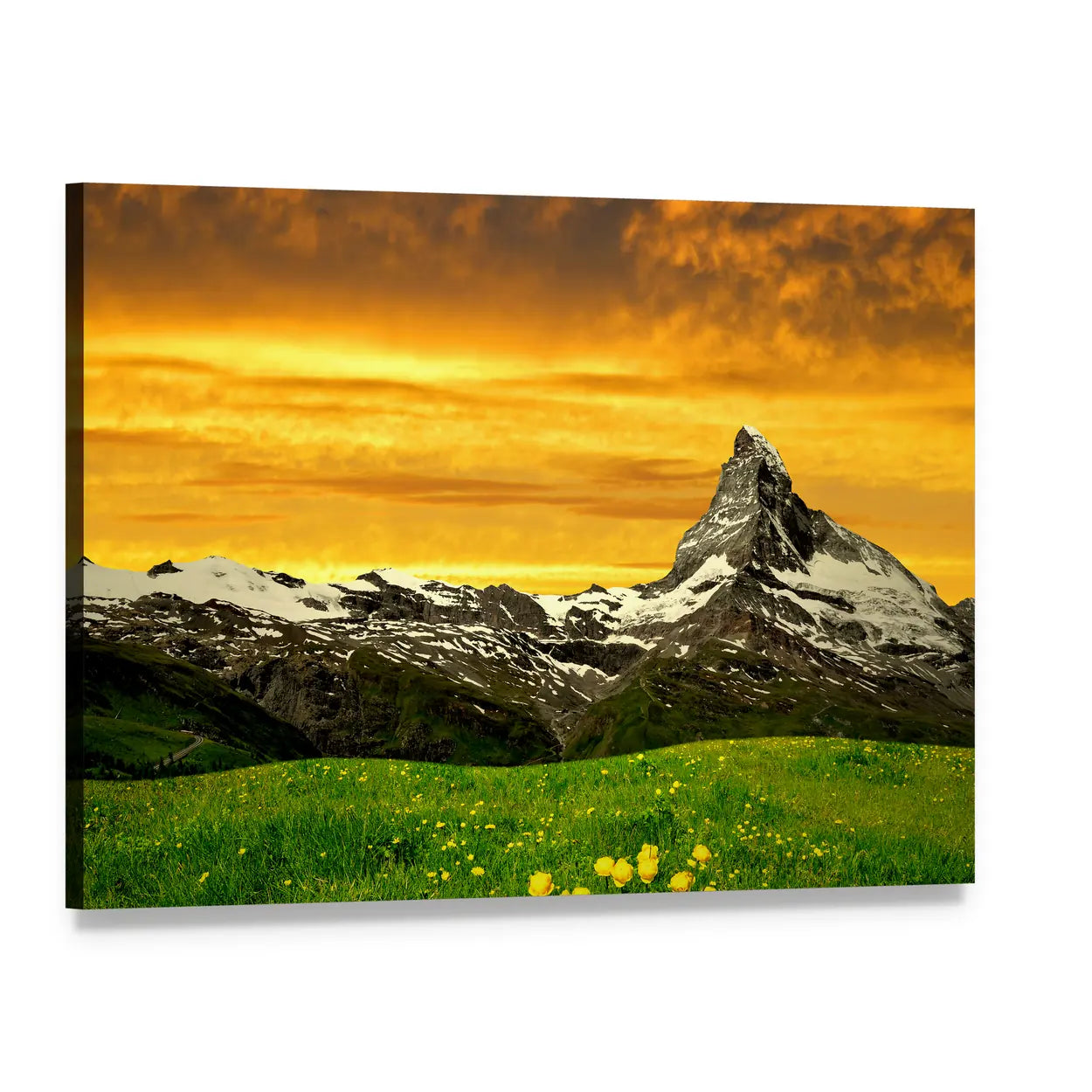 Matterhorn and Wildflower Meadow at Sunset Canvas Wall Art, single panel gallery wrapped canvas, angled product view