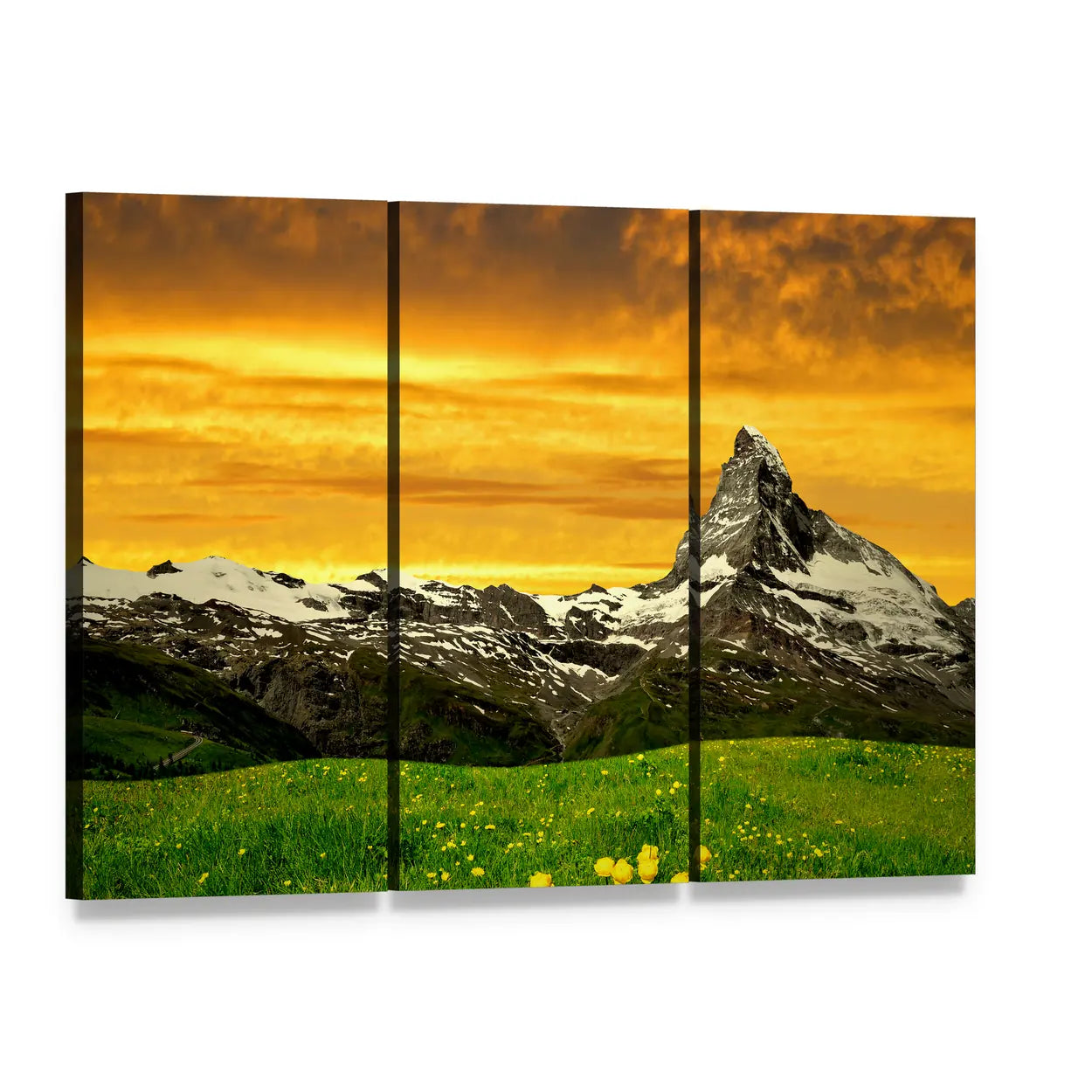 Matterhorn at Sunset Canvas Wall Art, 3 panel 3 Horizontal layout gallery wrapped canvas set, angled product view