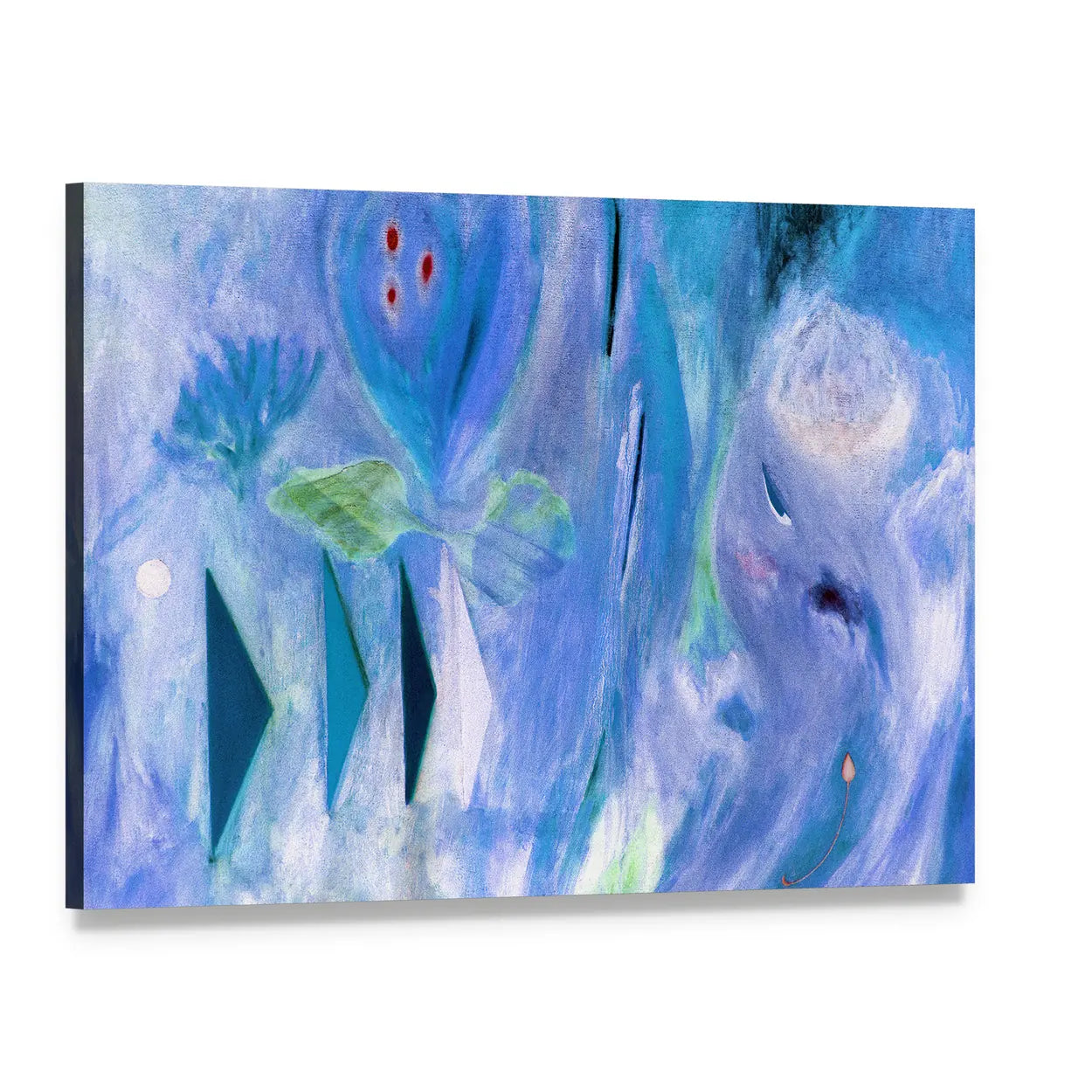 Dreamlike Blue Abstract with Stylized Face Canvas Wall Art, single panel gallery wrapped canvas, angled product view