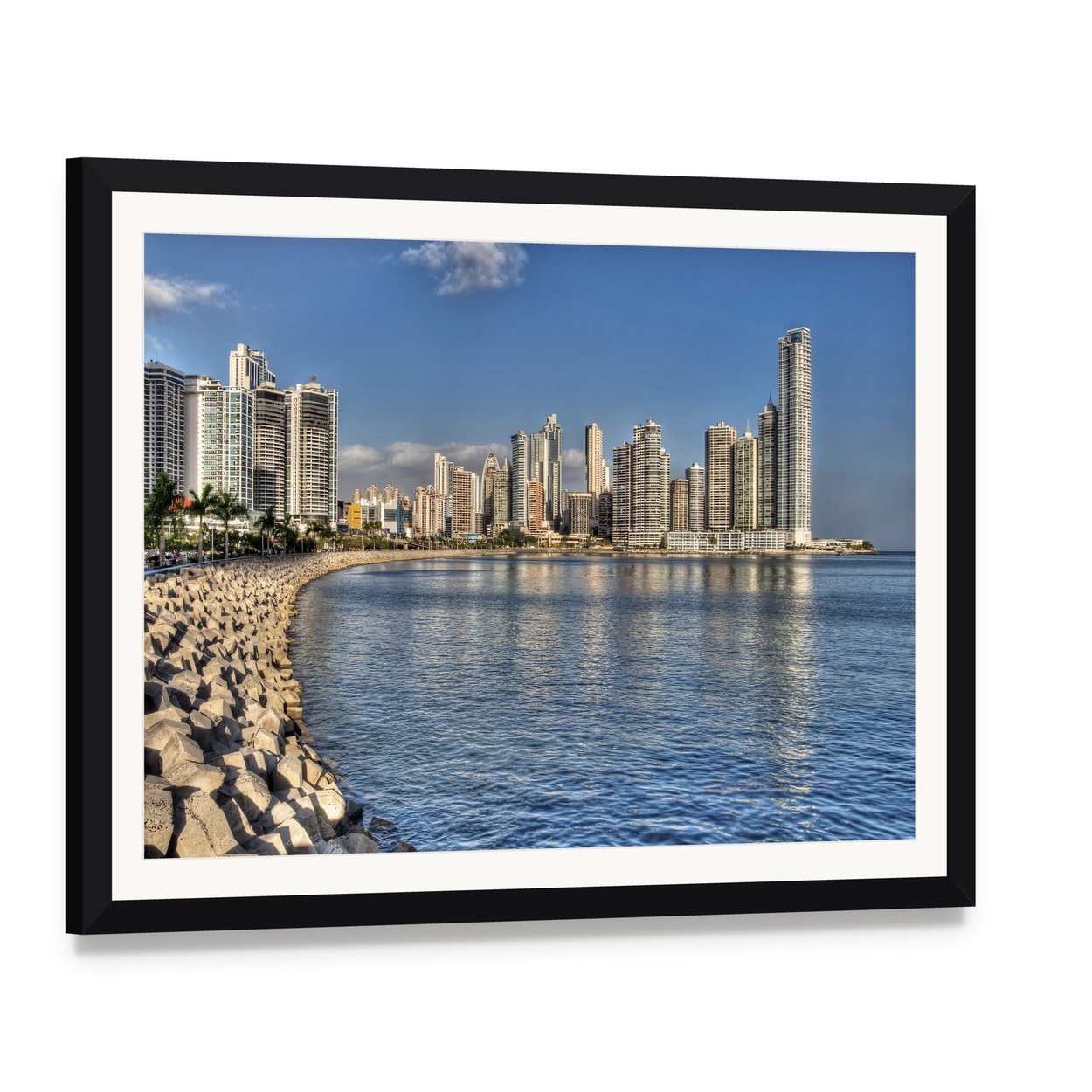 Panama City Skyline & Bay Canvas Wall Art, framed print with white mat and black frame, angled product view