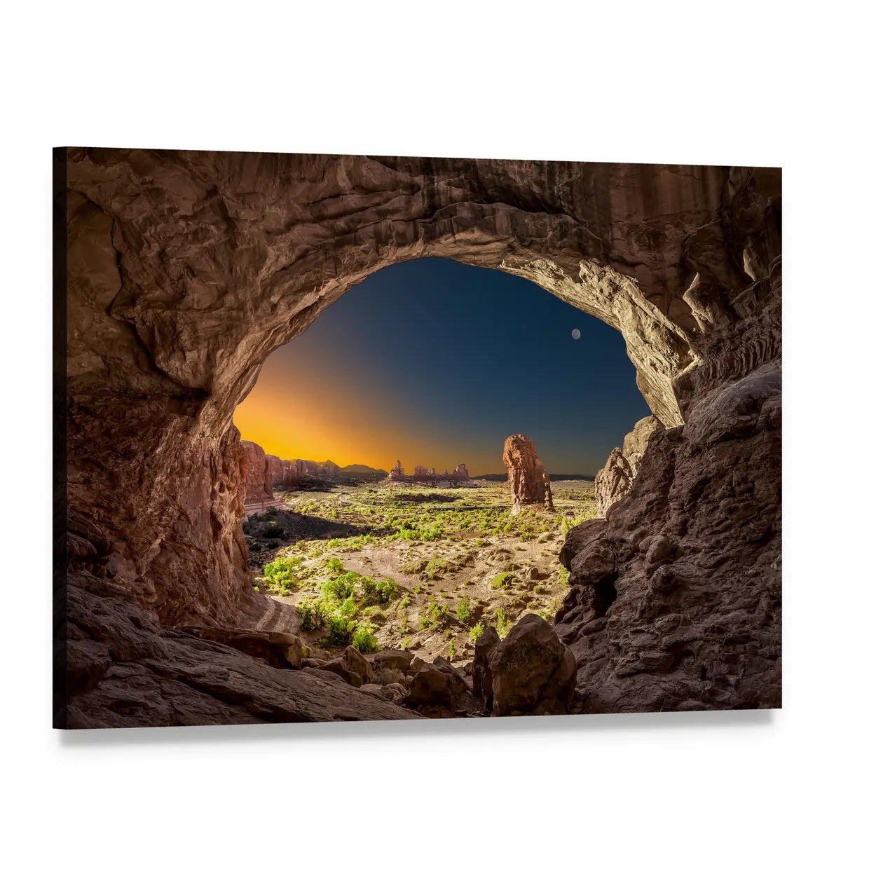 Sunrise Through Double-arched Cave Canvas Wall Art, single panel gallery wrapped canvas, angled product view