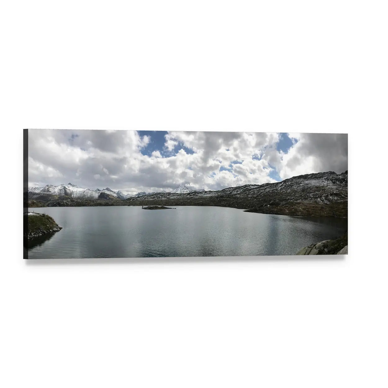 Snow-capped Mountain Lake Panoramic Canvas Wall Art, single panel gallery wrapped canvas, angled product view