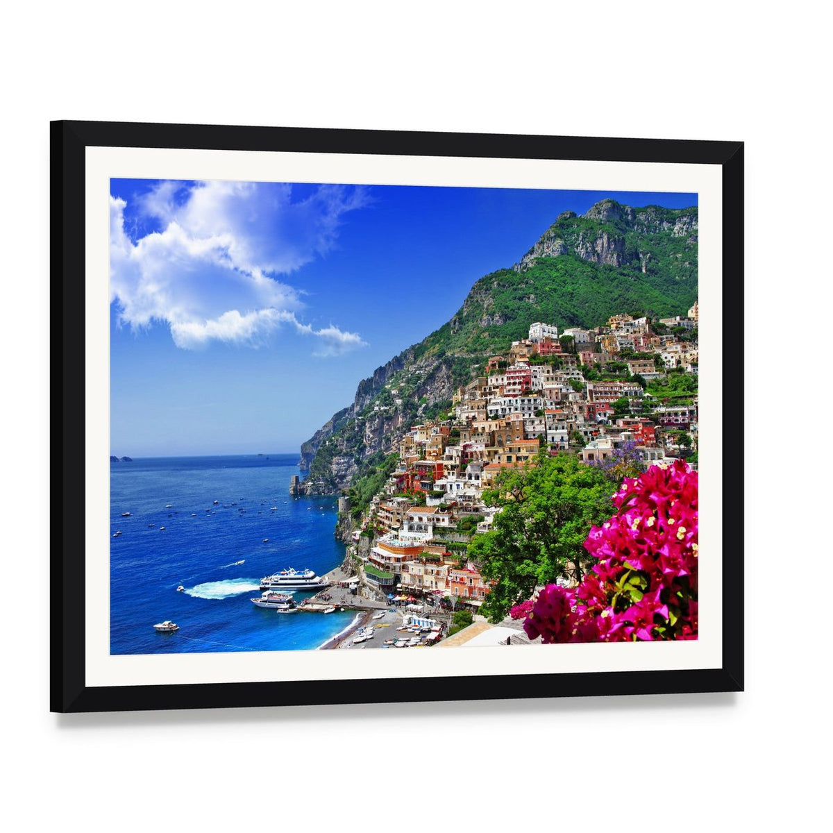 Positano Coastal Village Canvas Wall Art, framed print with white mat and black frame, angled product view