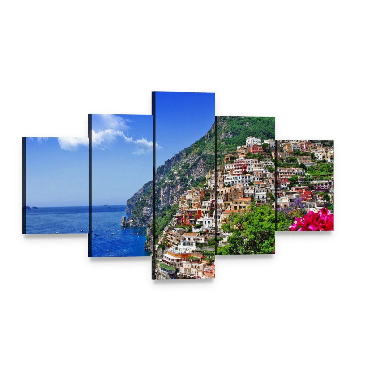 Positano Coastal Village Canvas Wall Art, 5 panel 5 Star layout gallery wrapped canvas set, angled product view