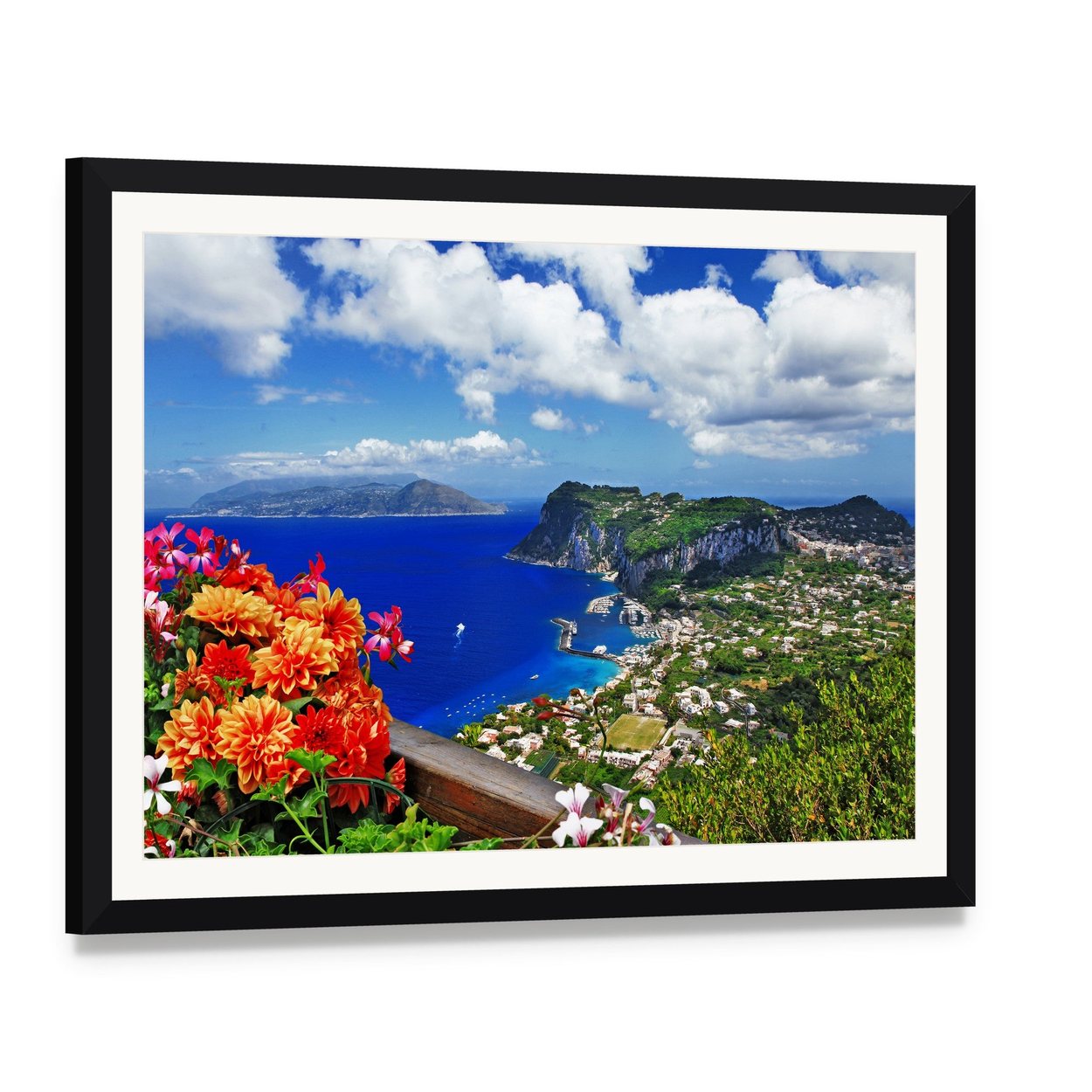 Capri Island Coastal Town with Flowers Canvas Wall Art, framed print with white mat and black frame, angled product view