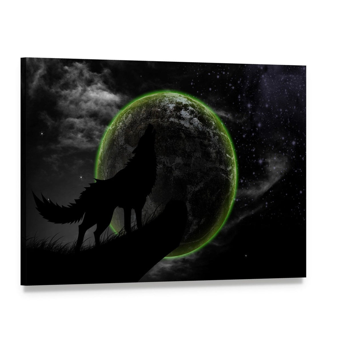 Wolves Howl Under Full Moon Canvas Wall Art, single panel gallery wrapped canvas, angled product view