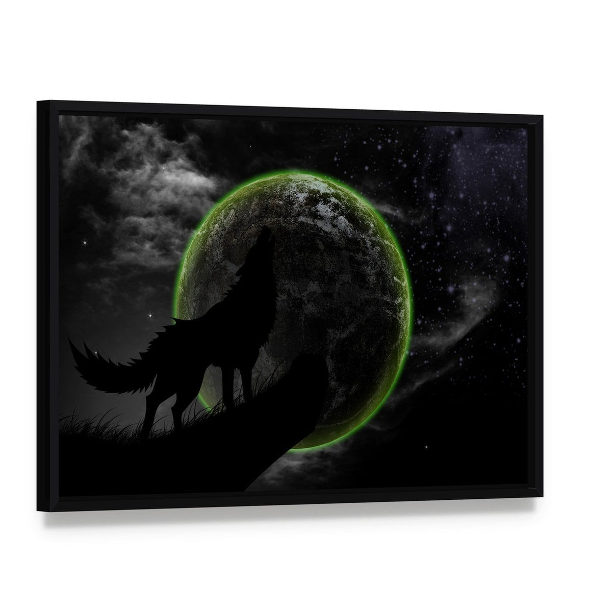 Wolves Howl Under Full Moon Canvas Wall Art, framed canvas in a black floater frame, angled product view