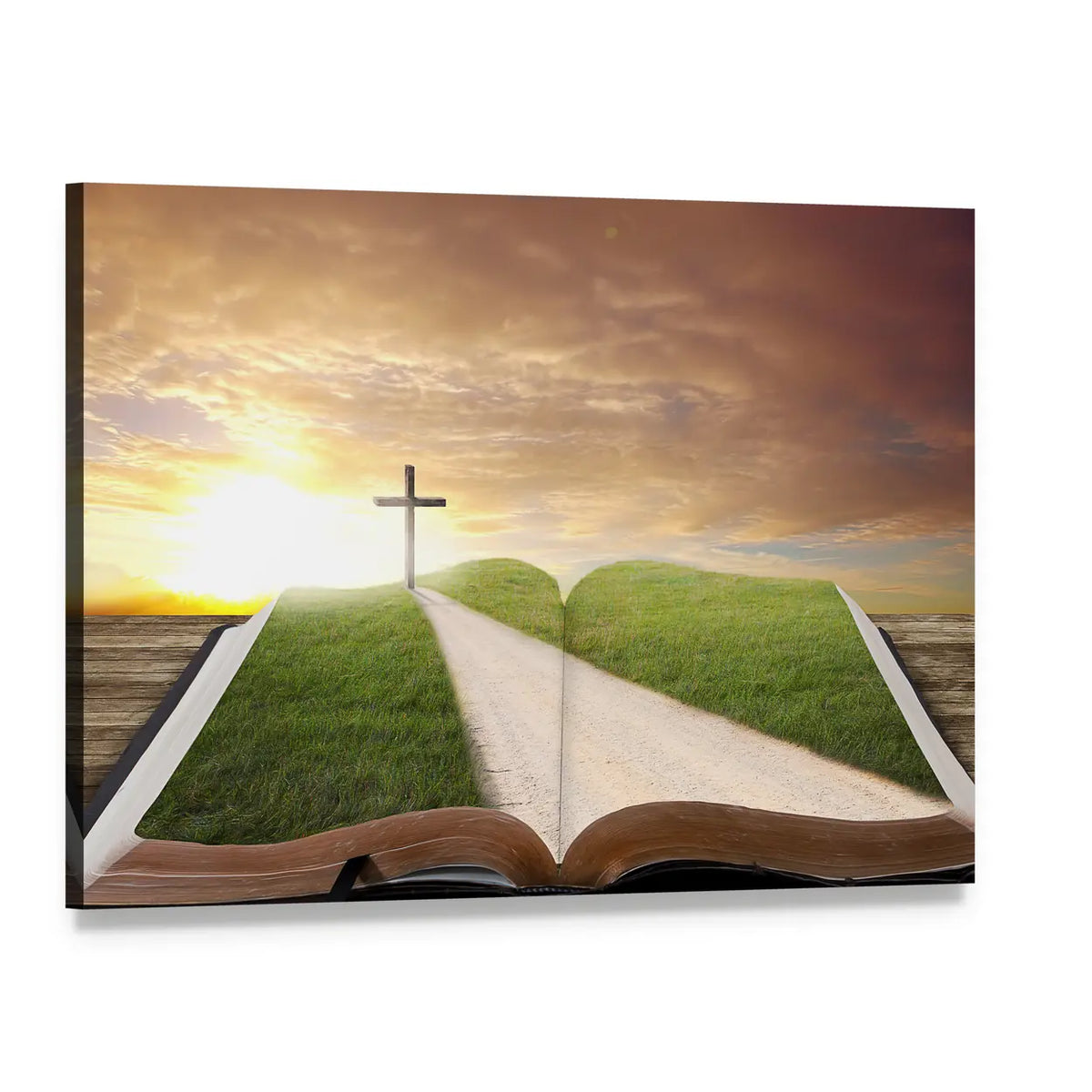 Open Bible with Grassy Field and Cross Canvas Wall Art, single panel gallery wrapped canvas, angled product view
