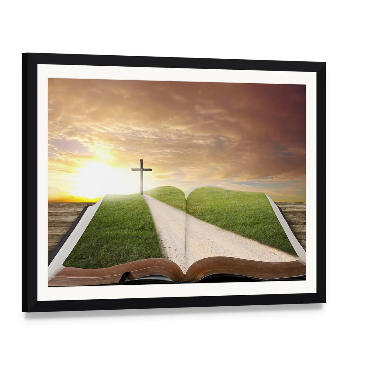Open Bible with Grassy Field and Cross Canvas Wall Art, framed print with white mat and black frame, angled product view