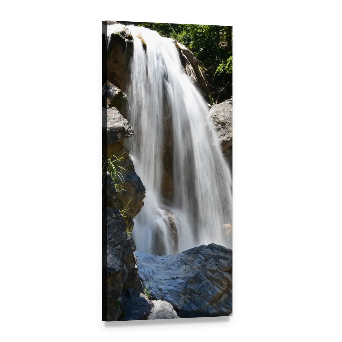 Forest Waterfall with Rock Foreground Vertical Canvas Wall Art, 1 panel 1 Vertical layout gallery wrapped canvas set, angled product view