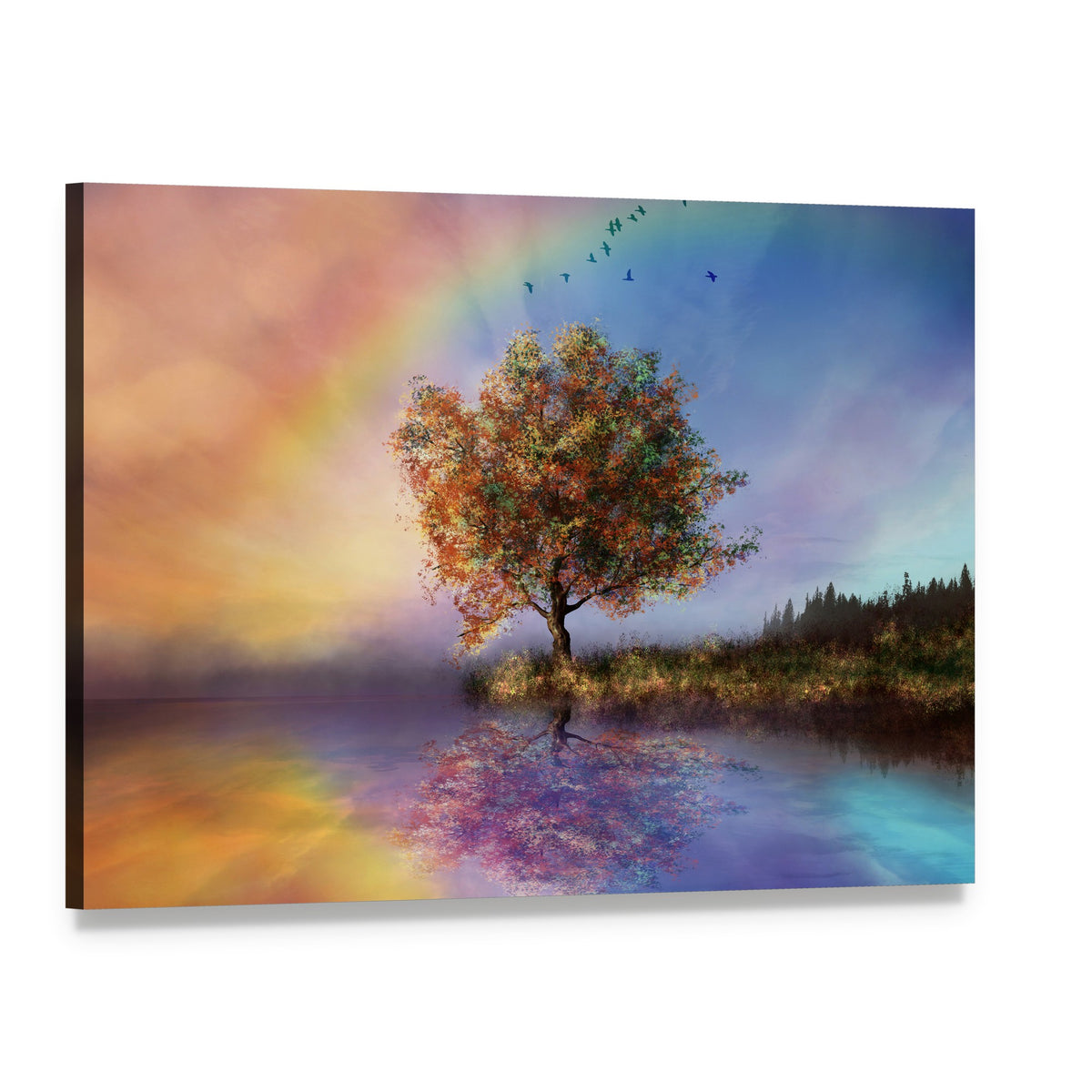 Flowered Tree with Rainbow Over Lake Canvas Wall Art, single panel gallery wrapped canvas, angled product view