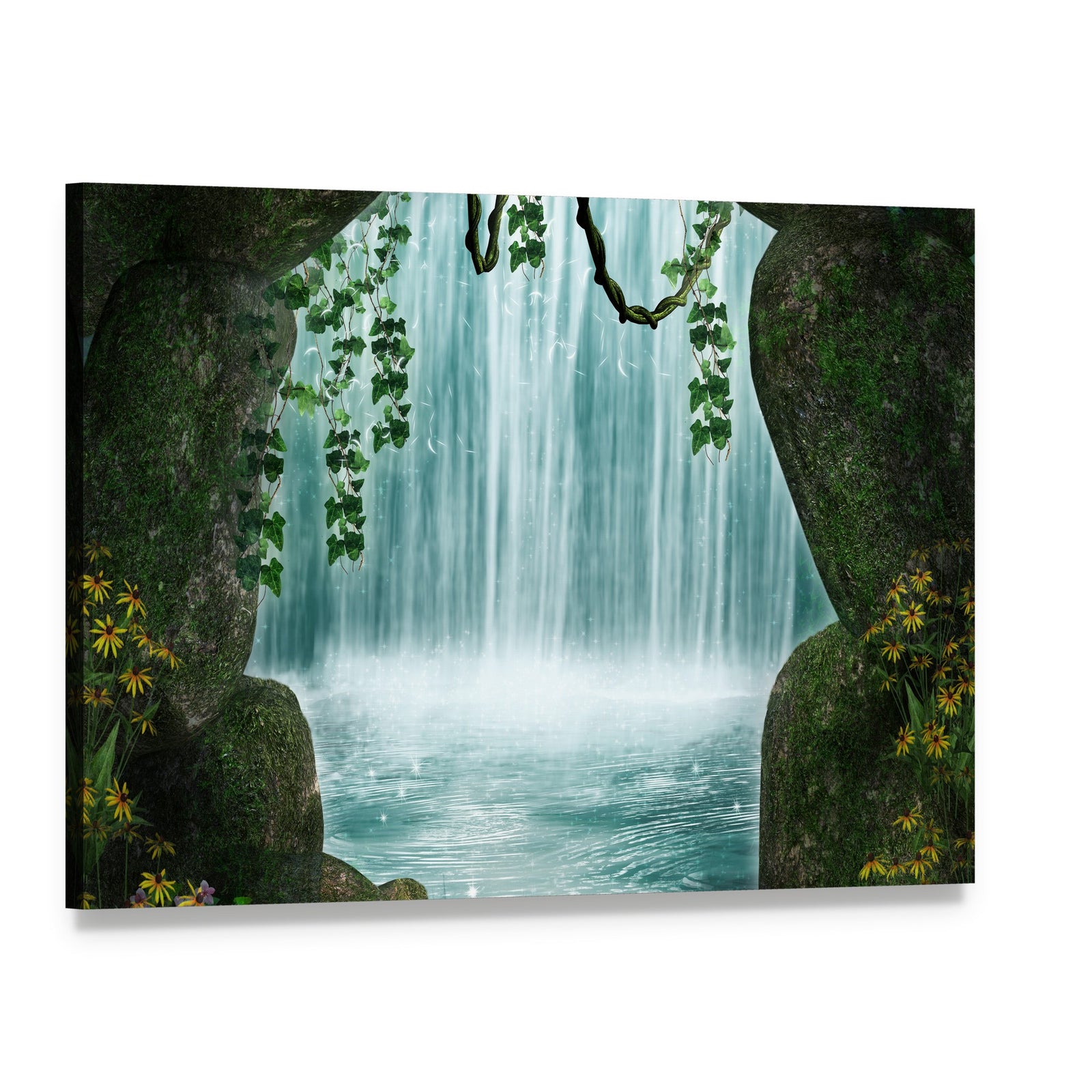 Cave and Waterfall Artwork Canvas Wall Art, single panel gallery wrapped canvas, angled product view