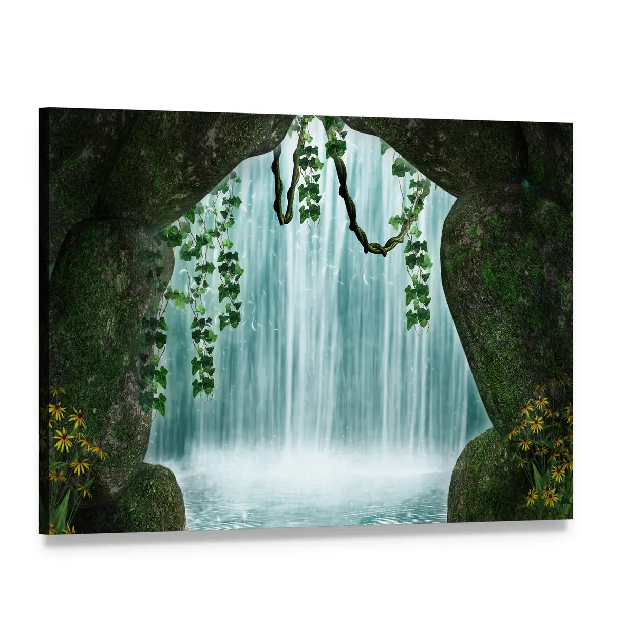 Cave and Waterfall Artwork Canvas Wall Art, single panel gallery wrapped canvas, angled product view