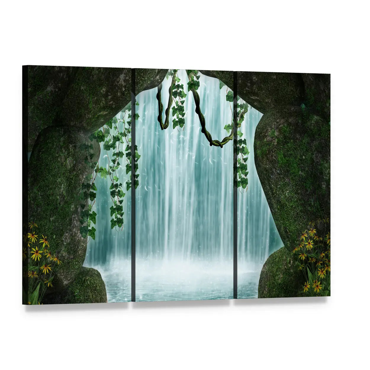 Cave and Waterfall Artwork Canvas Wall Art, 3 panel 3 Horizontal layout gallery wrapped canvas set, angled product view