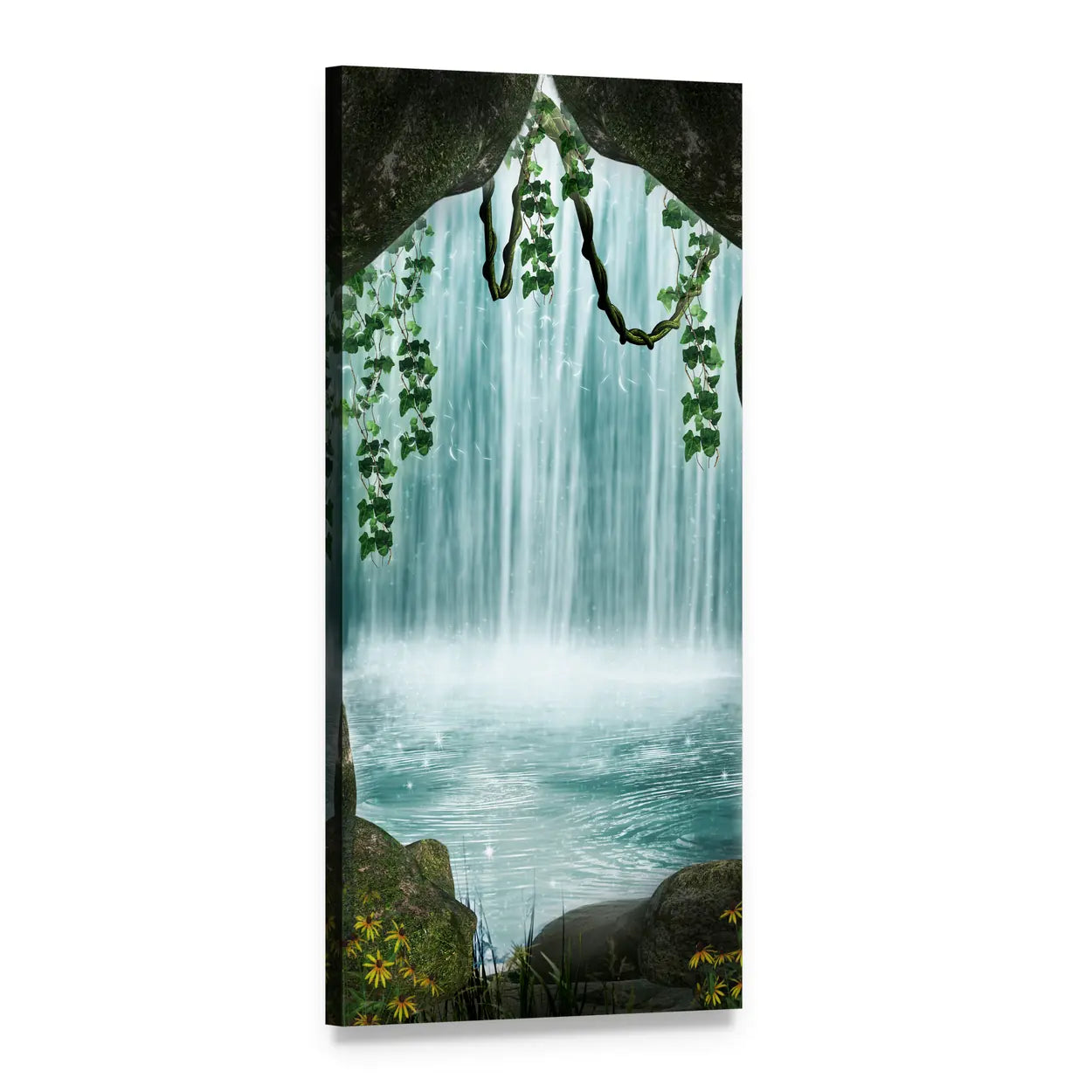 Secluded Grotto Waterfall Vertical Canvas Wall Art, 1 panel 1 Vertical layout gallery wrapped canvas set, angled product view