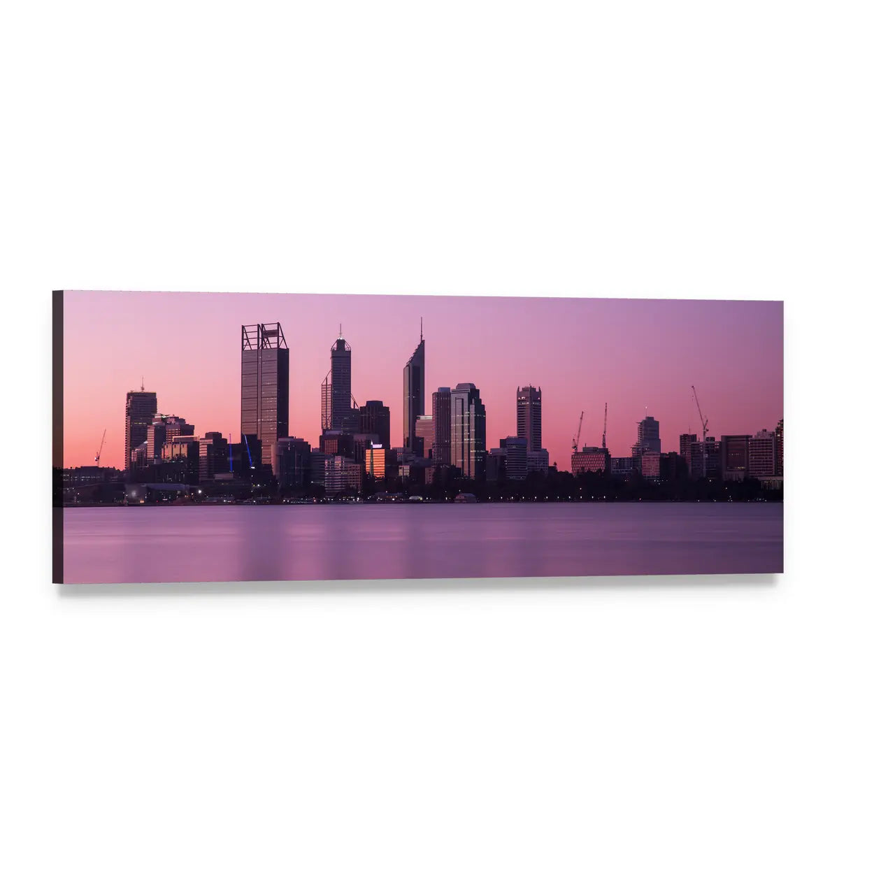 Perth Waterfront Skyline at Dusk Panoramic Canvas Wall Art, single panel gallery wrapped canvas, angled product view
