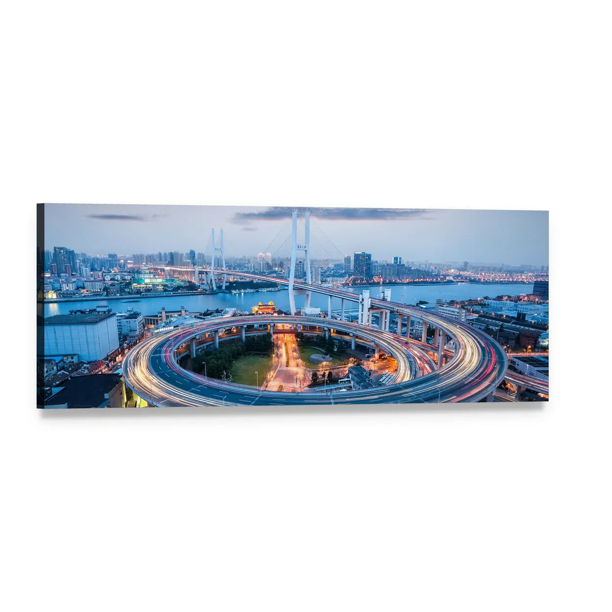 Nanpu Bridge at Dusk, Shanghai Panoramic Canvas Wall Art, single panel gallery wrapped canvas, angled product view