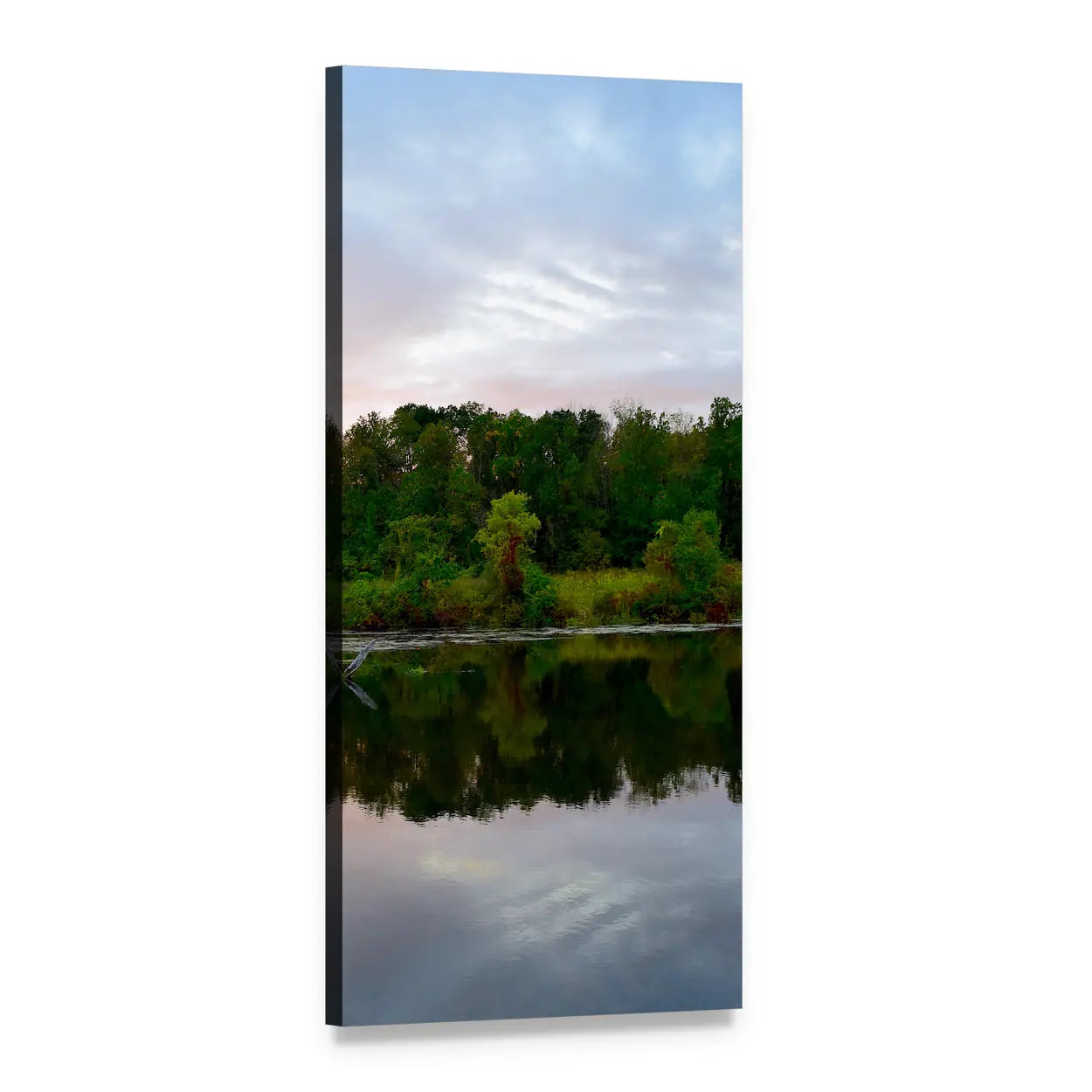 Summer Trees Reflected on Lake Vertical Canvas Wall Art, 1 panel 1 Vertical layout gallery wrapped canvas set, angled product view