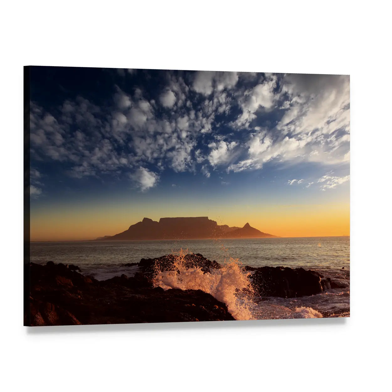 Table Mountain Sunset Over Ocean Canvas Wall Art, single panel gallery wrapped canvas, angled product view