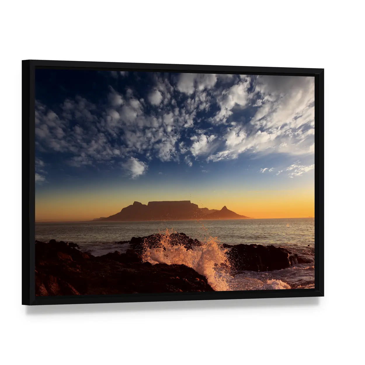 Table Mountain Sunset Over Ocean Canvas Wall Art, framed canvas in a black floater frame, angled product view