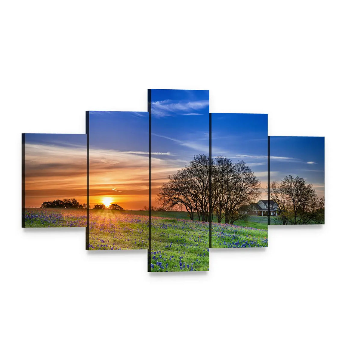 Bluebonnet Field at Sunset Canvas Wall Art, 5 panel 5 Star layout gallery wrapped canvas set, angled product view