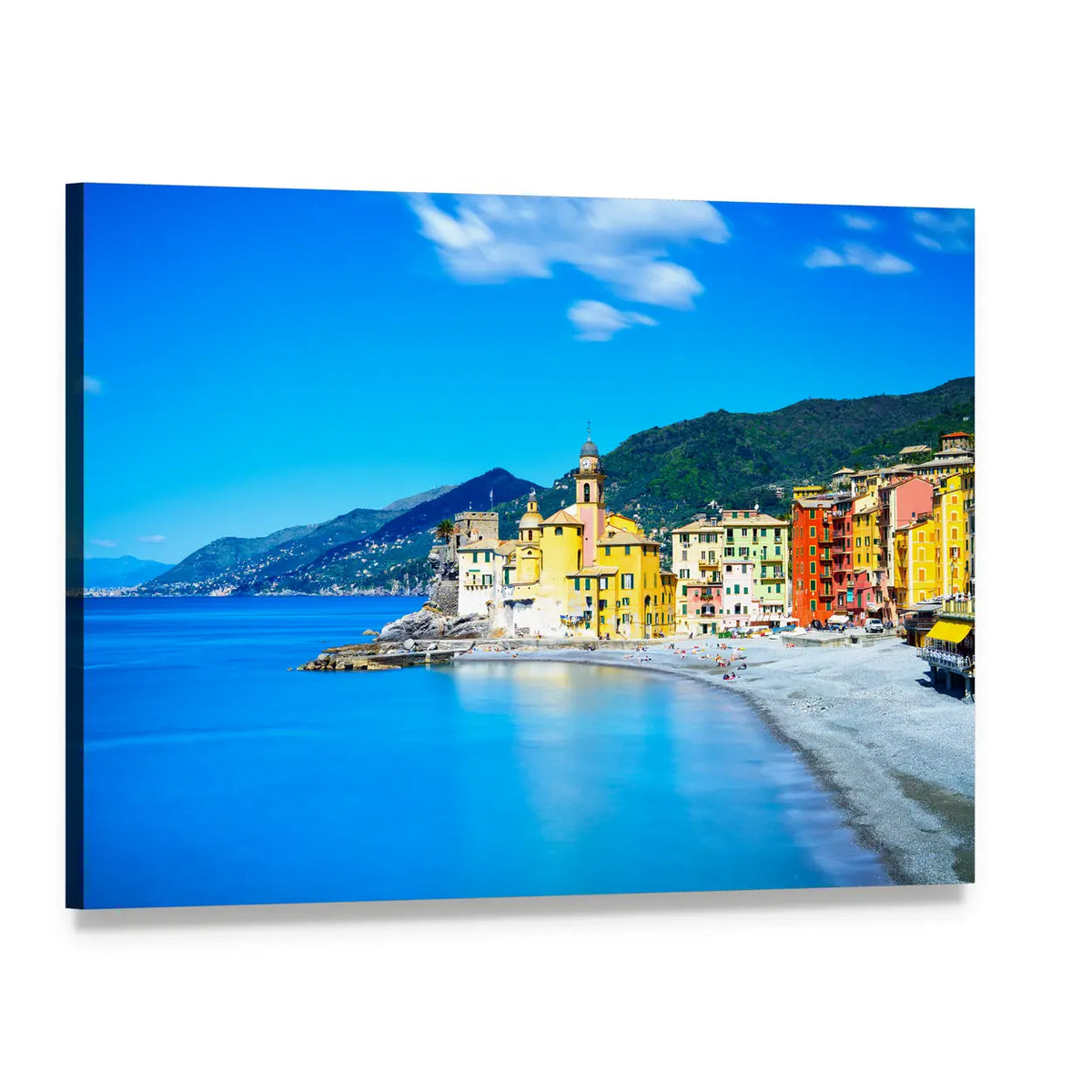 Old Church in Colorful Coastal Town Canvas Wall Art, single panel gallery wrapped canvas, angled product view