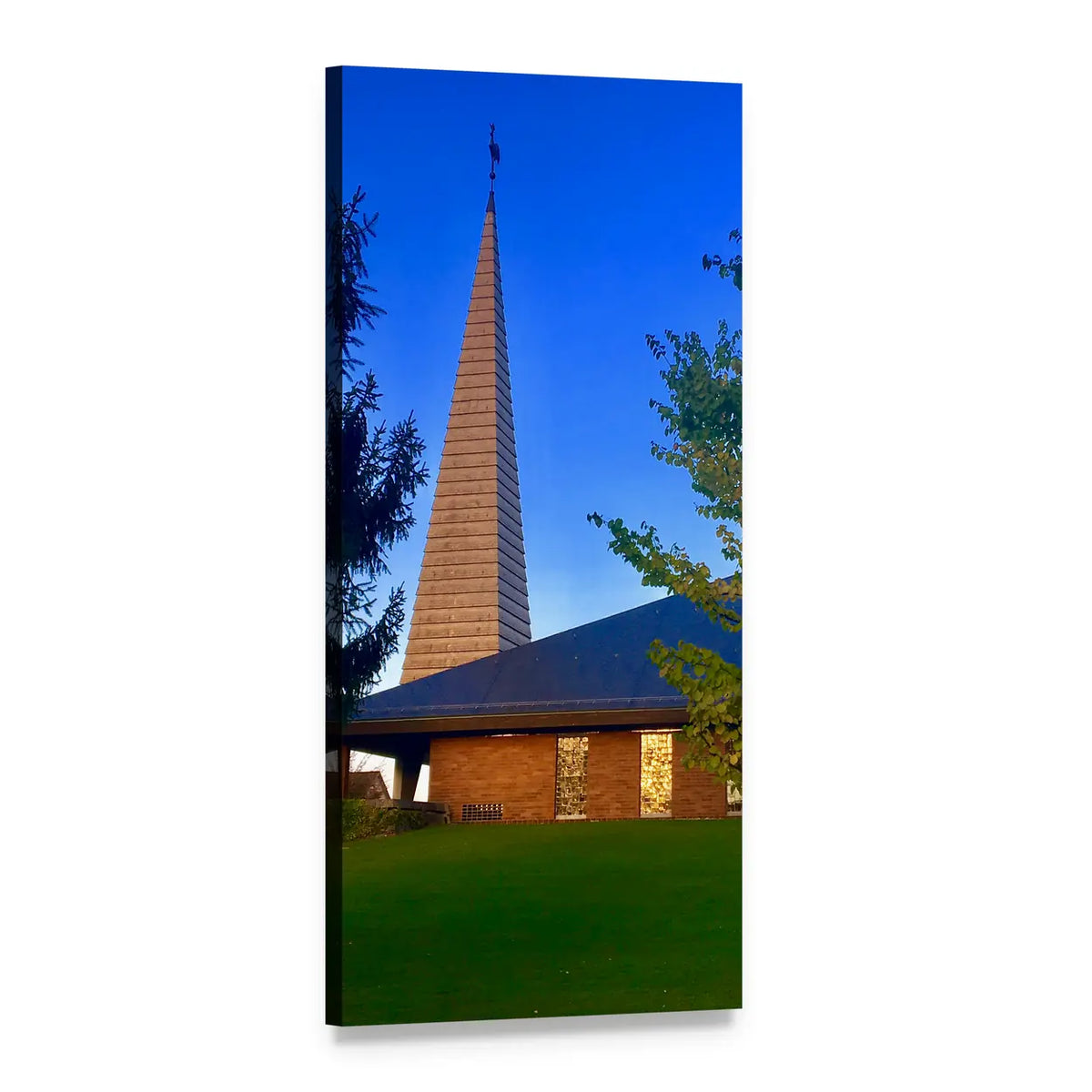 Modern Brick Church Spire at Twilight Vertical Canvas Wall Art, 1 panel 1 Vertical layout gallery wrapped canvas set, angled product view