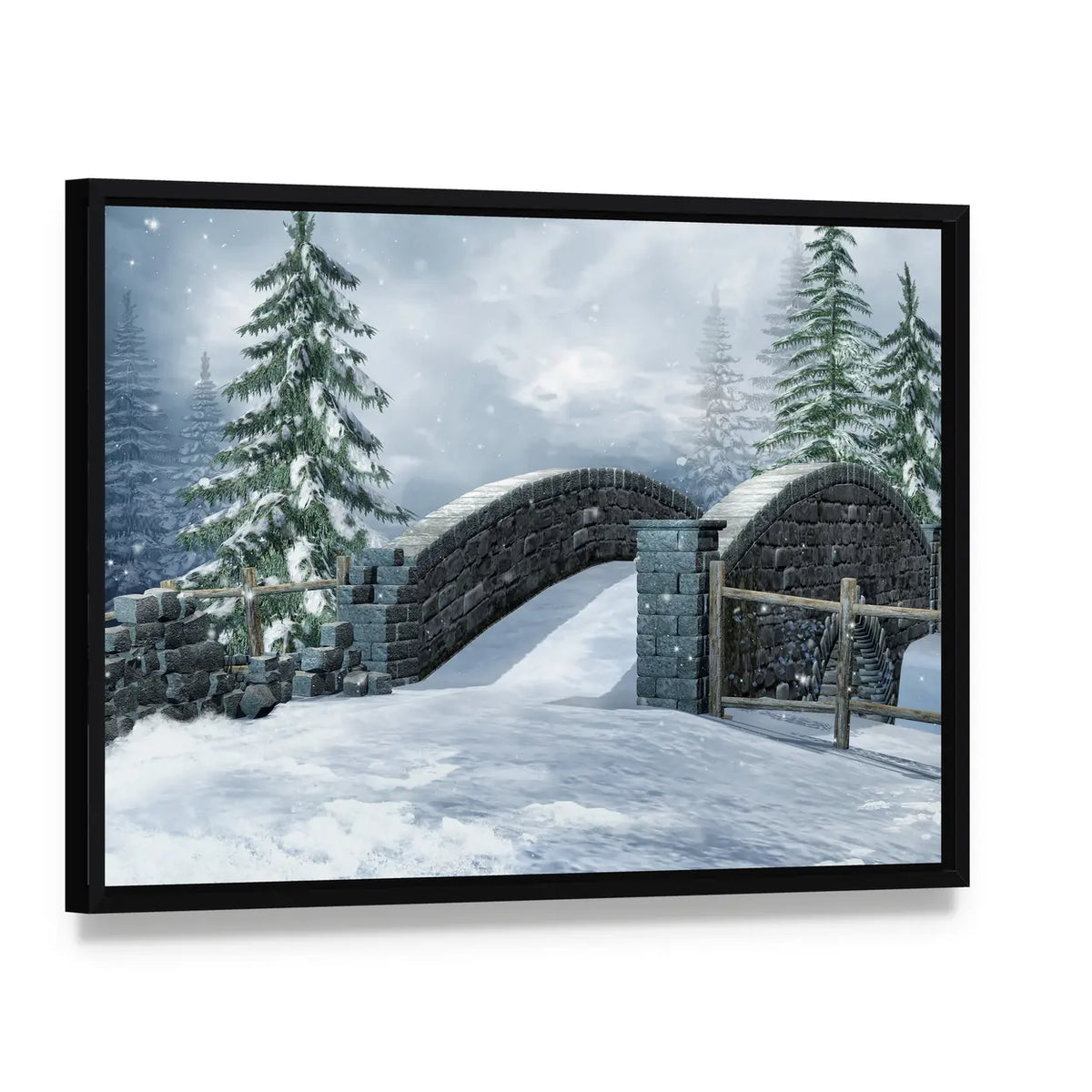 Stone Bridge on a Winter Meadow Canvas Wall Art, framed canvas in a black floater frame, angled product view