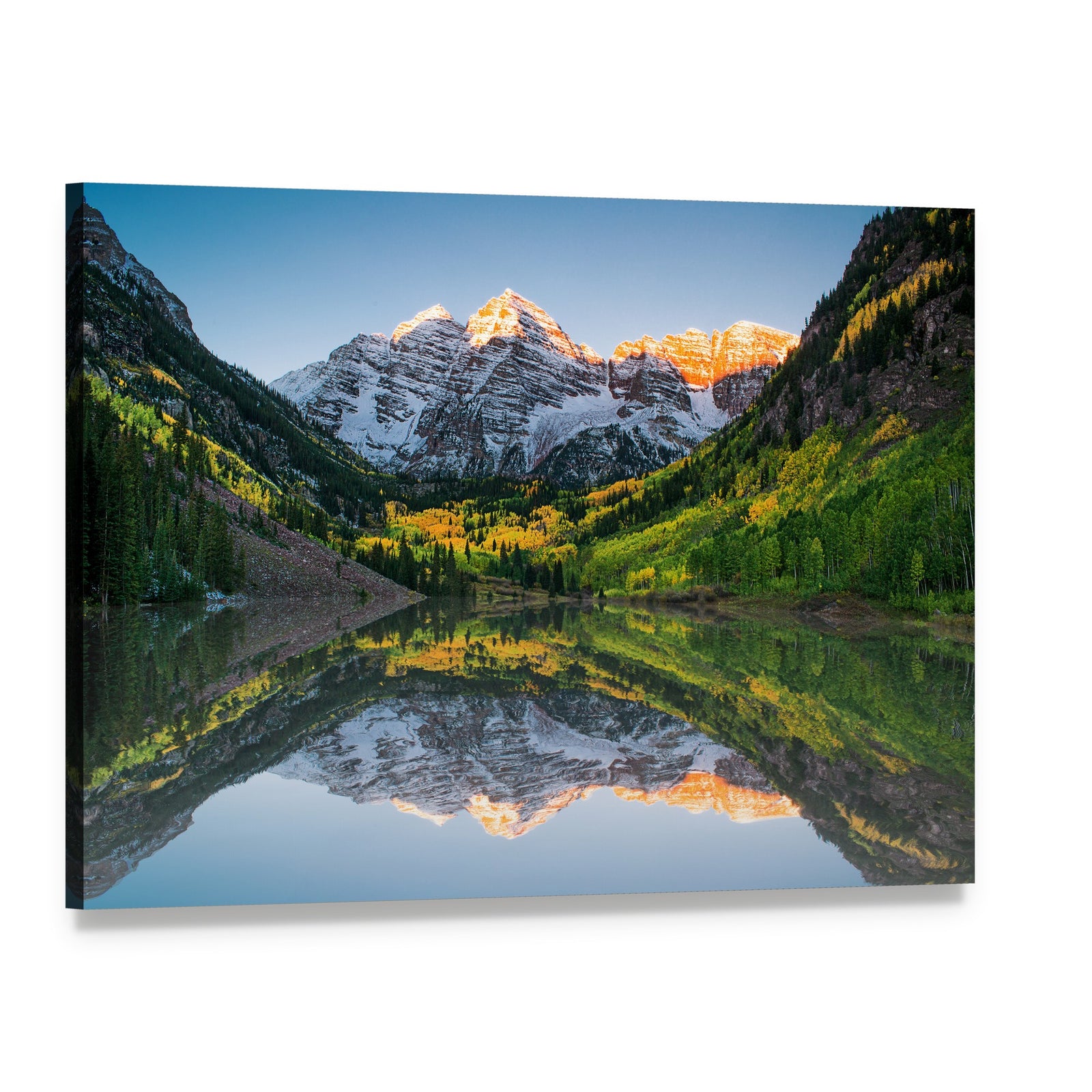 Sunrise at Maroon Bells Lake Canvas Wall Art, single panel gallery wrapped canvas, angled product view
