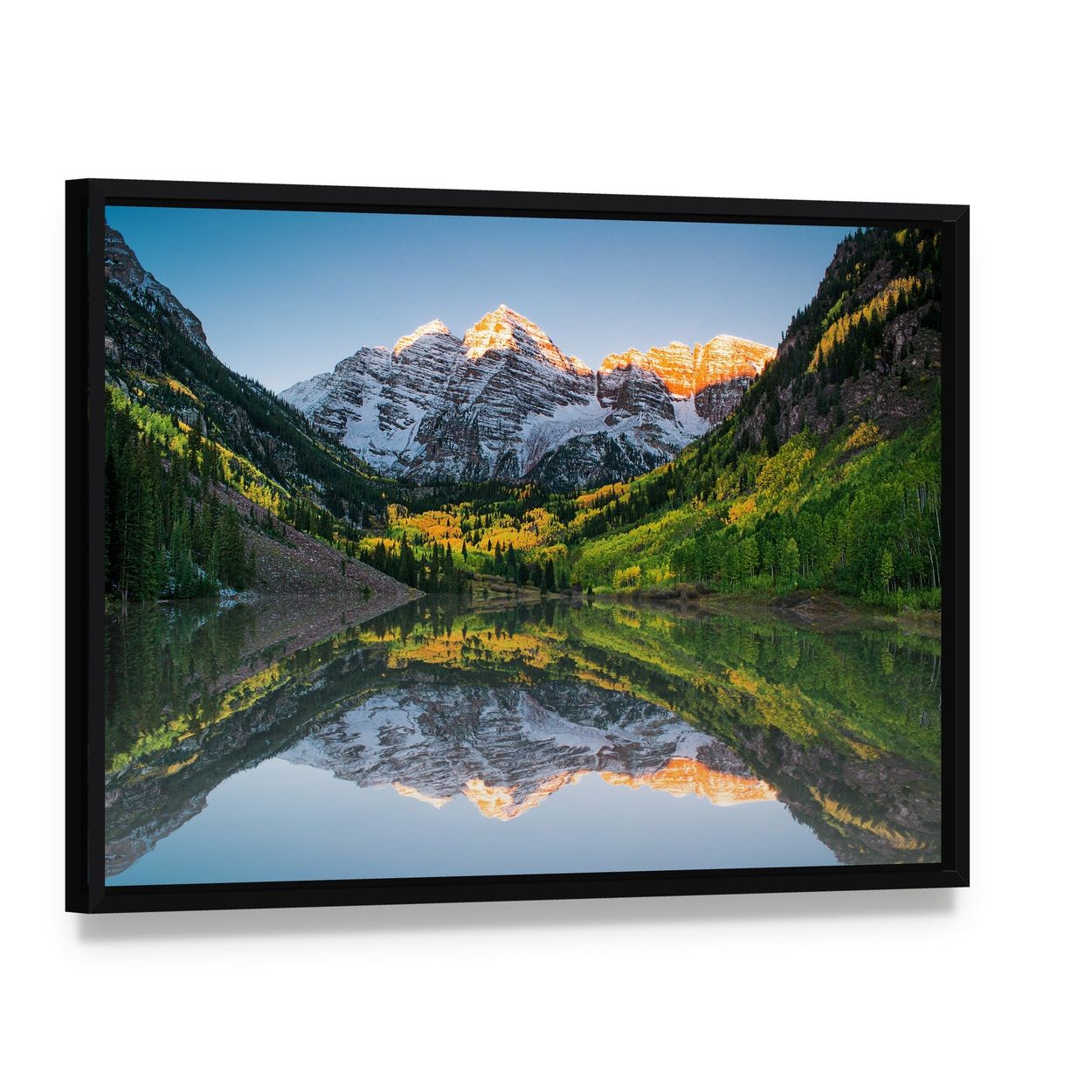 Sunrise at Maroon Bells Lake Canvas Wall Art, framed canvas in a black floater frame, angled product view
