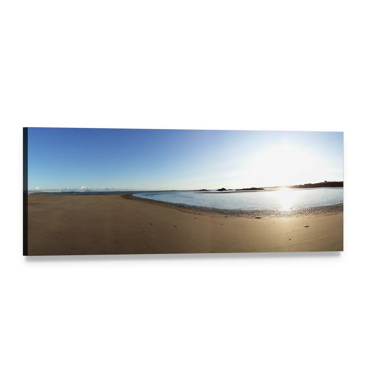 Rhosneigr Anglesey Beach Panoramic Canvas Wall Art, single panel gallery wrapped canvas, angled product view