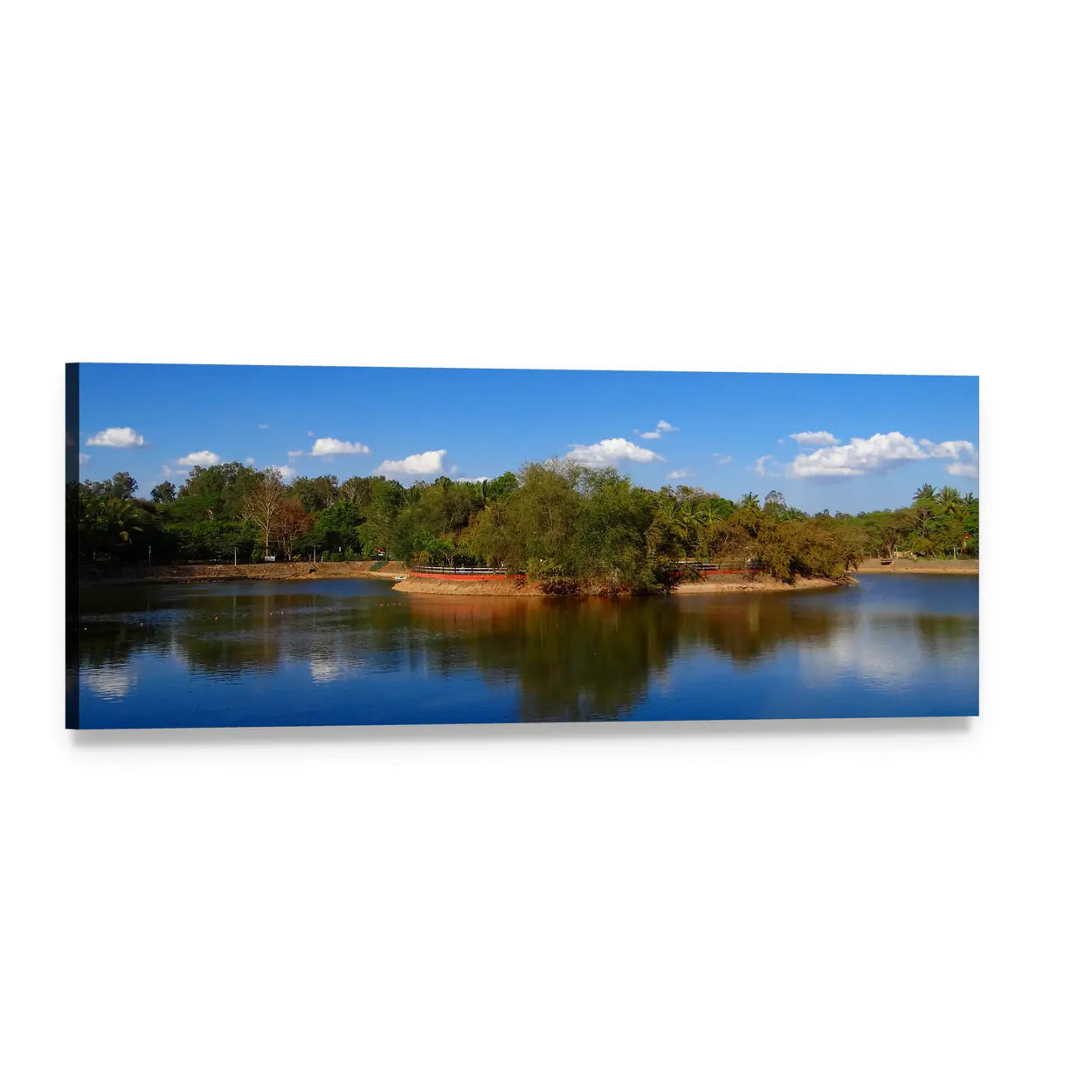 Lake Island with Blue Sky Reflection Panoramic Canvas Wall Art, single panel gallery wrapped canvas, angled product view