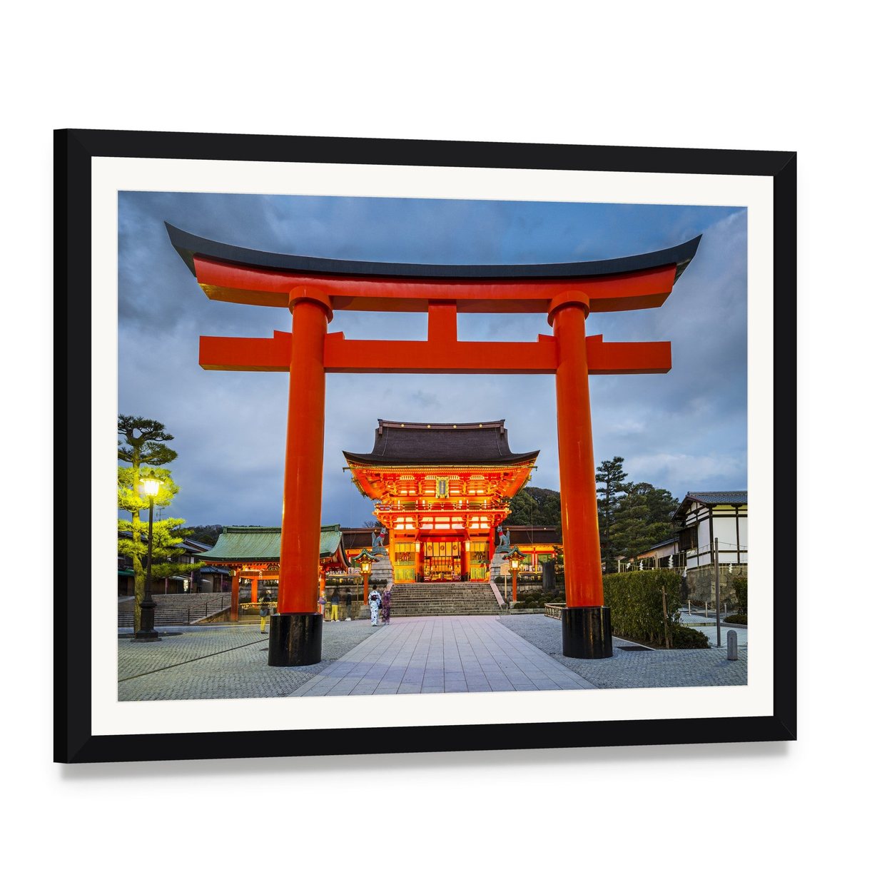 Fushimi Inari Torii Gate at Dusk Canvas Wall Art, framed print with white mat and black frame, angled product view