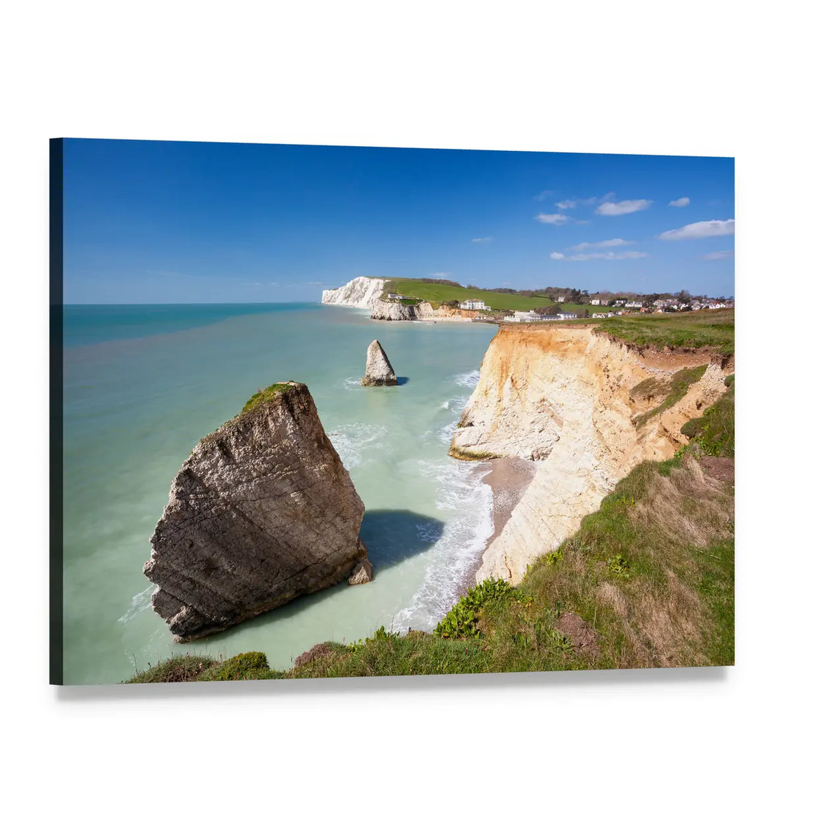 White Chalk Cliffs Over Ocean Canvas Wall Art, single panel gallery wrapped canvas, angled product view