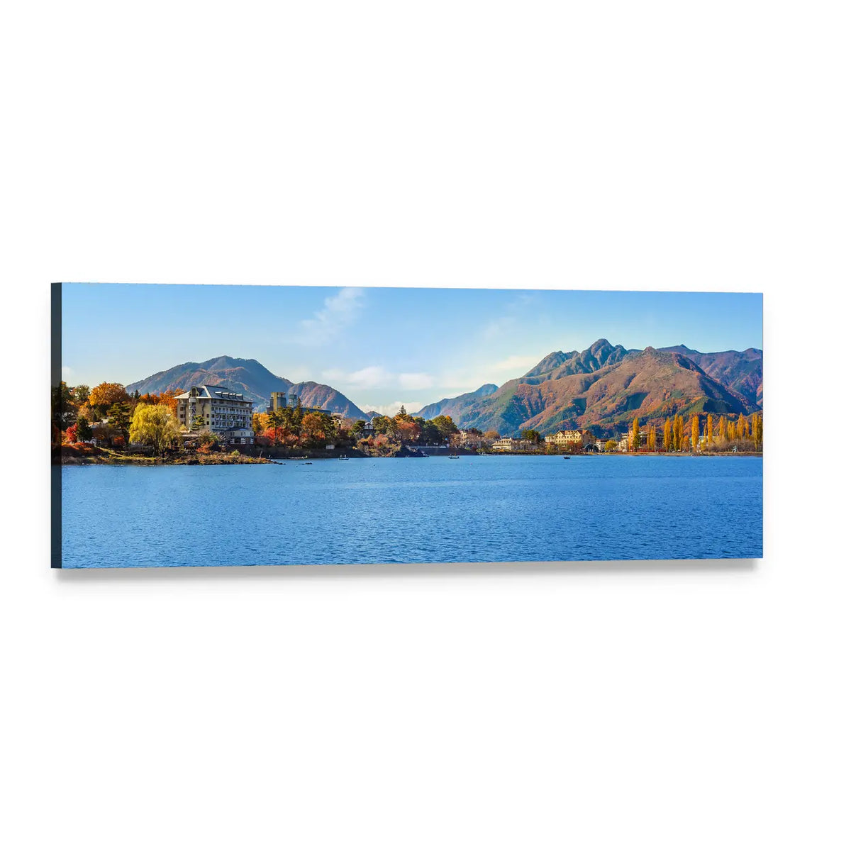 Lake Kawaguchi Autumn Lakeside View Panoramic Canvas Wall Art, single panel gallery wrapped canvas, angled product view